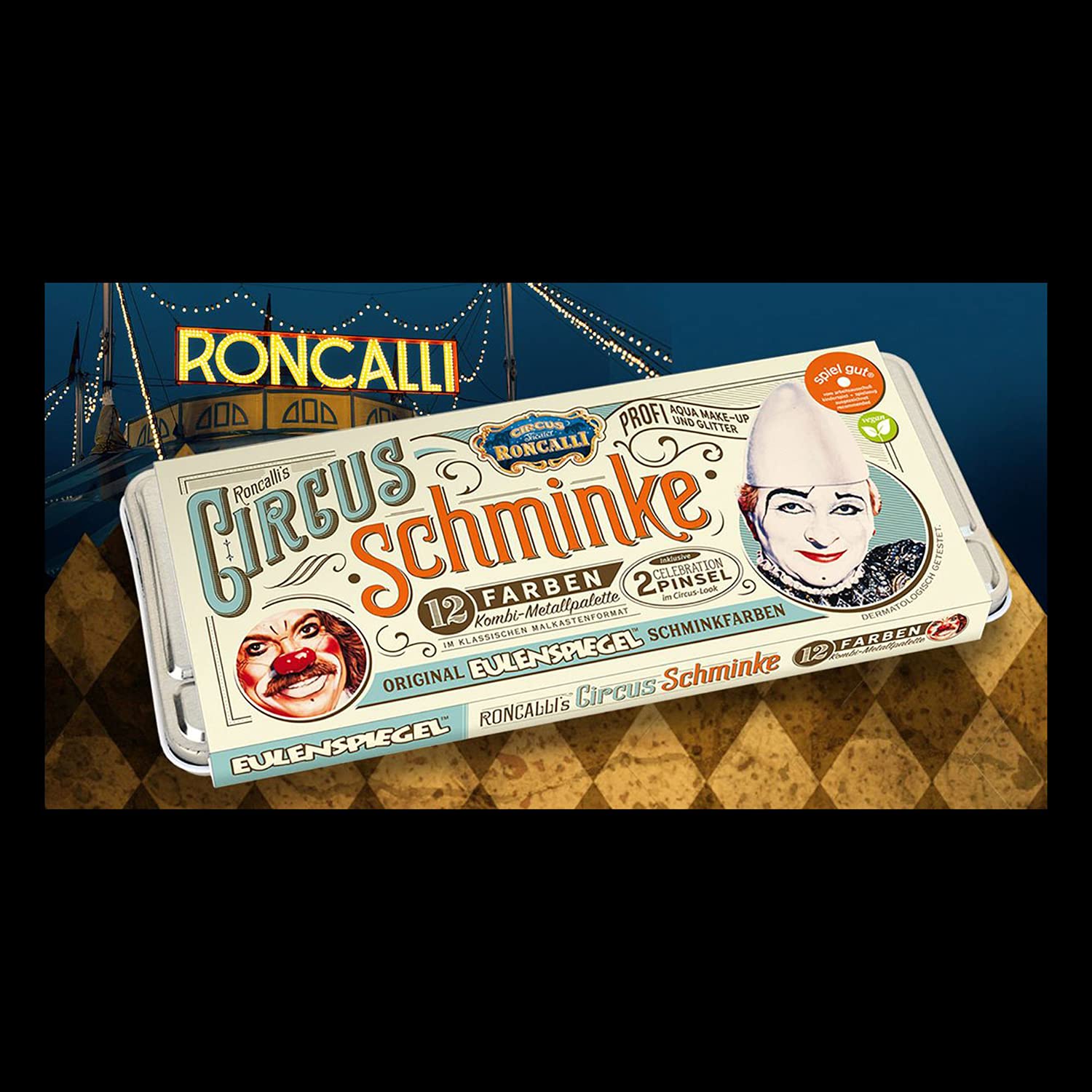 Eulenspiegel 212288 - Metall-Palette Circus Roncalli, 10 x 5 g Farben, 1 Glitter Classic Gold, 1 Glitter Perlmutt, 2 Celebration-Pinsel, 3 Schwämme