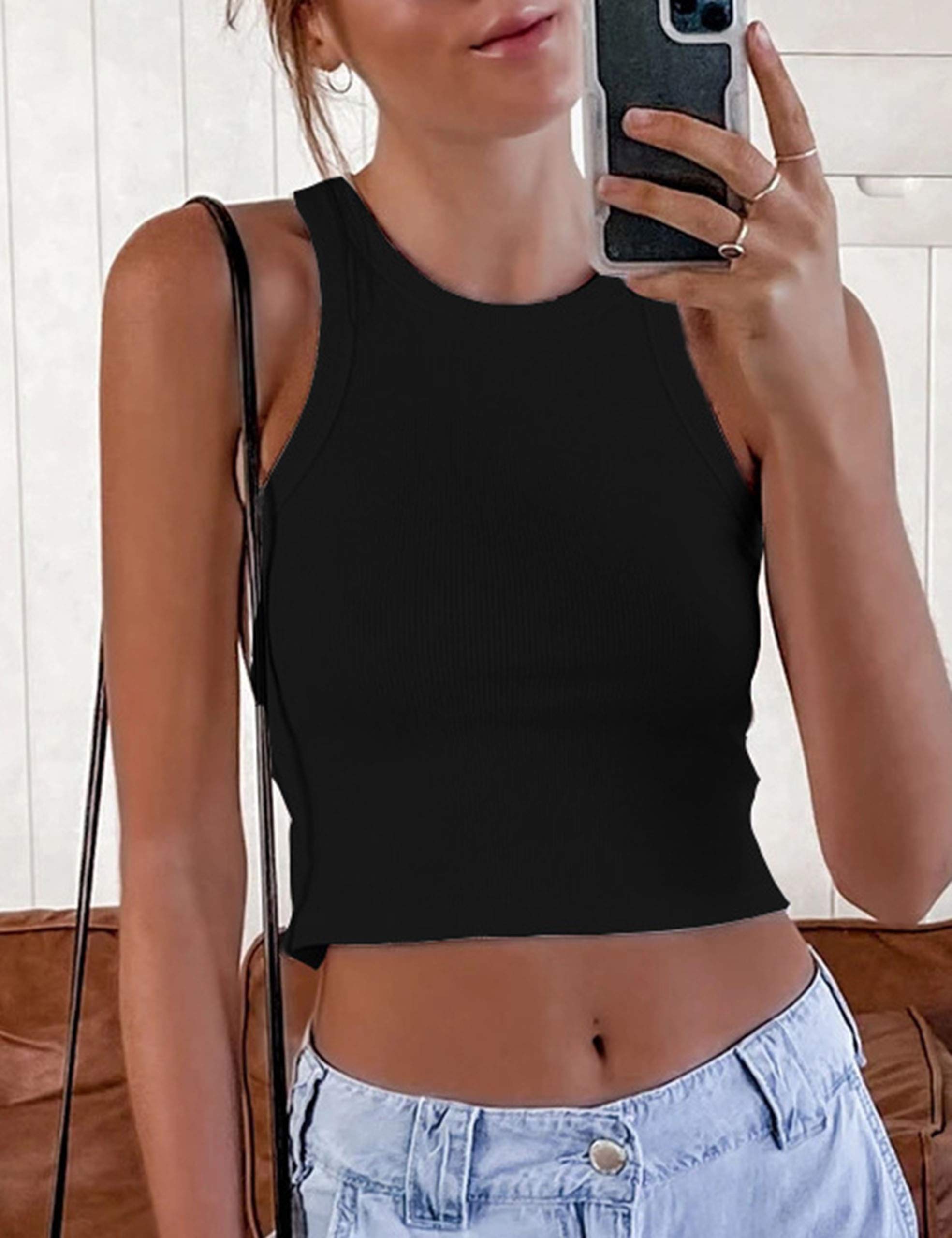 KAMISSY Cotton Rib-Knit Racerback Basic Tank Tops for Women Girls Sleeveless Vest Binding Y2k Crop Tank Top