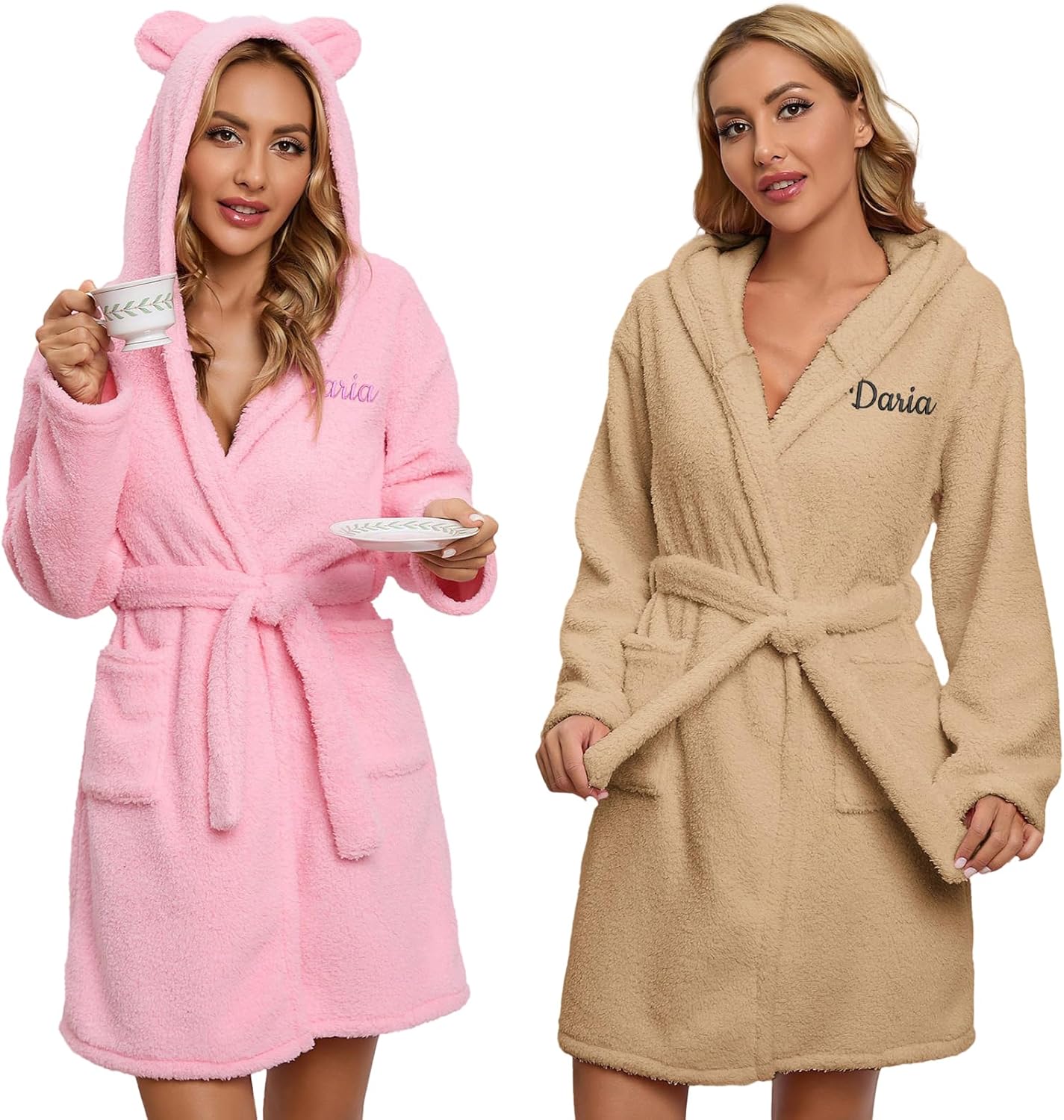 Personalized Custom Flannel Hooded Bathrobe for Women,Personalized Pajamas Jumpsuits Robes for Women with Furry Ears and Embroidered Text Name S-2XL