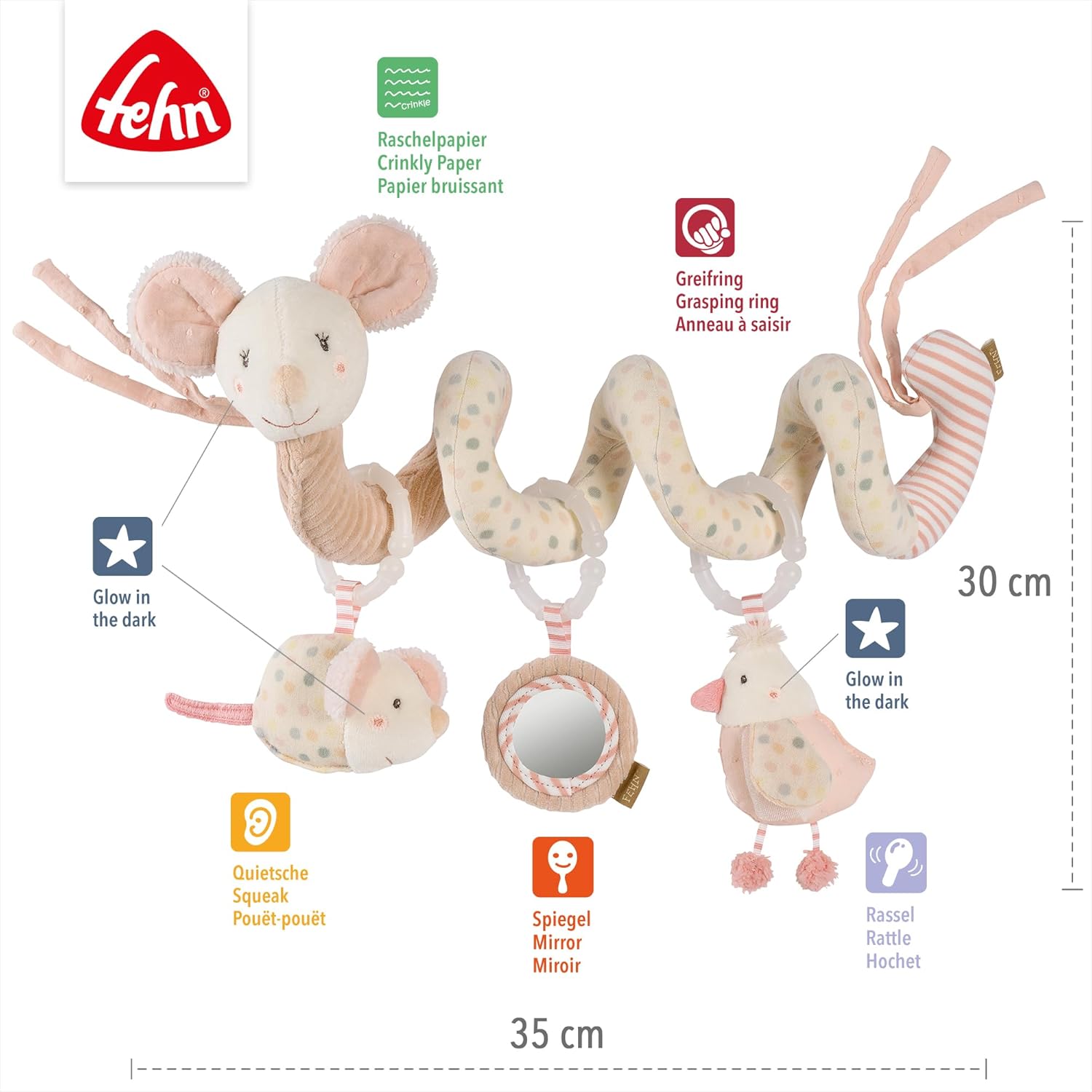 Fehn Activity Spiral Mouse - Motor Skills Toy with Learning Functions to Grip, Feel, Play, Home and On the Go - for Babies From Birth