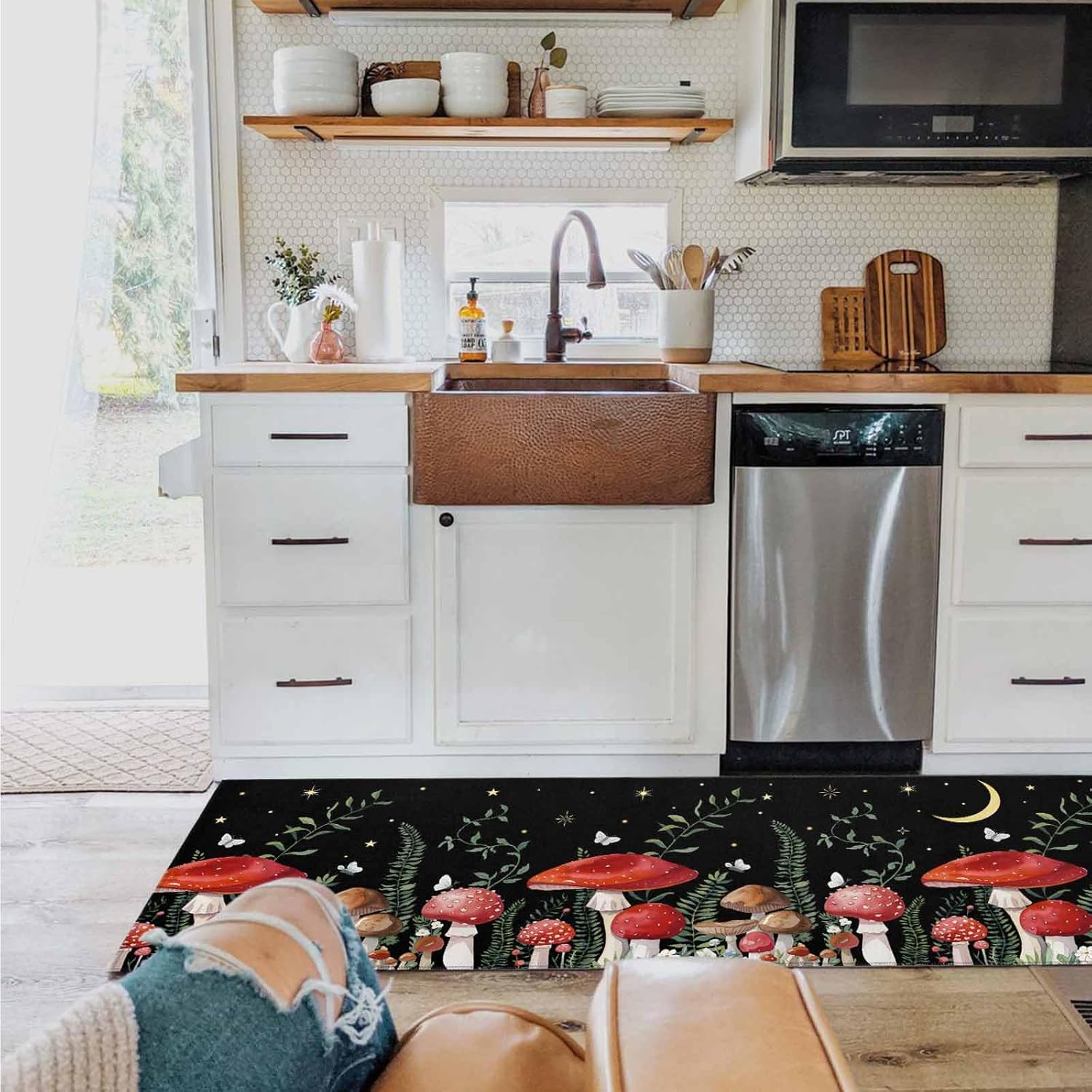 2 Pieces Kitchen Rugs and Mats,Mushroom Butterfly Leaf in Moon Sky Area Runner Rug Set Non Slip Floor Doormat Washable Carpet Standing Mat for Kitchen Sink Indoor Corridor,Pastoral Botanical Art