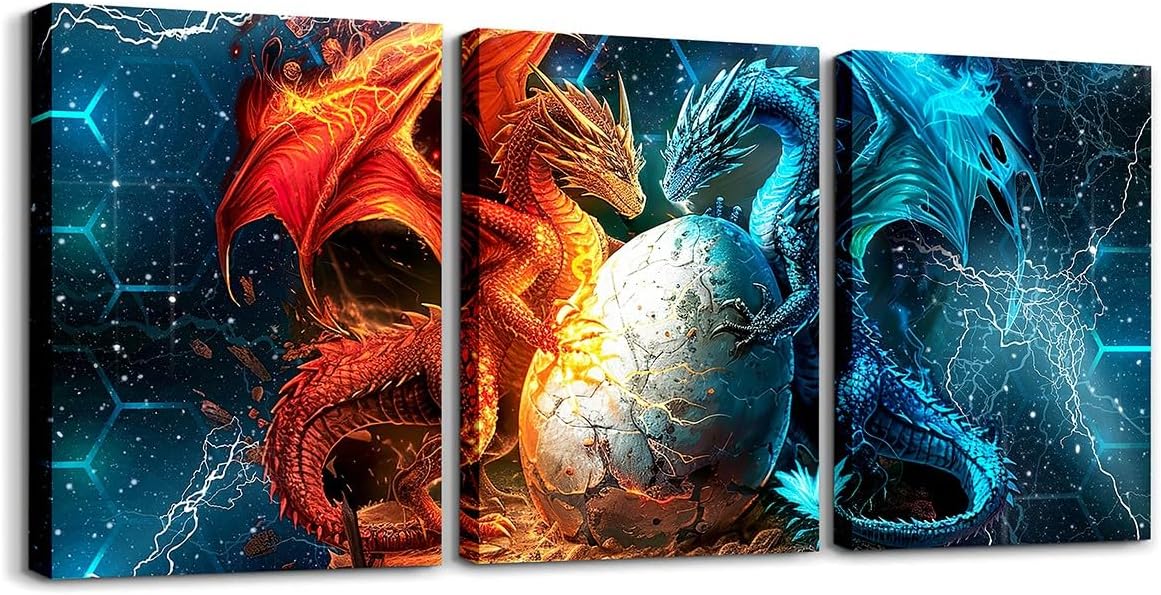 Feelyou Dragon Monster 3 Piece Canvas Wall Art for Living Room Bedroom Galaxy Dragon Honeycomb Office Wall Decor Wall Art for Home Decor Mysterious Dragon Wall Painting