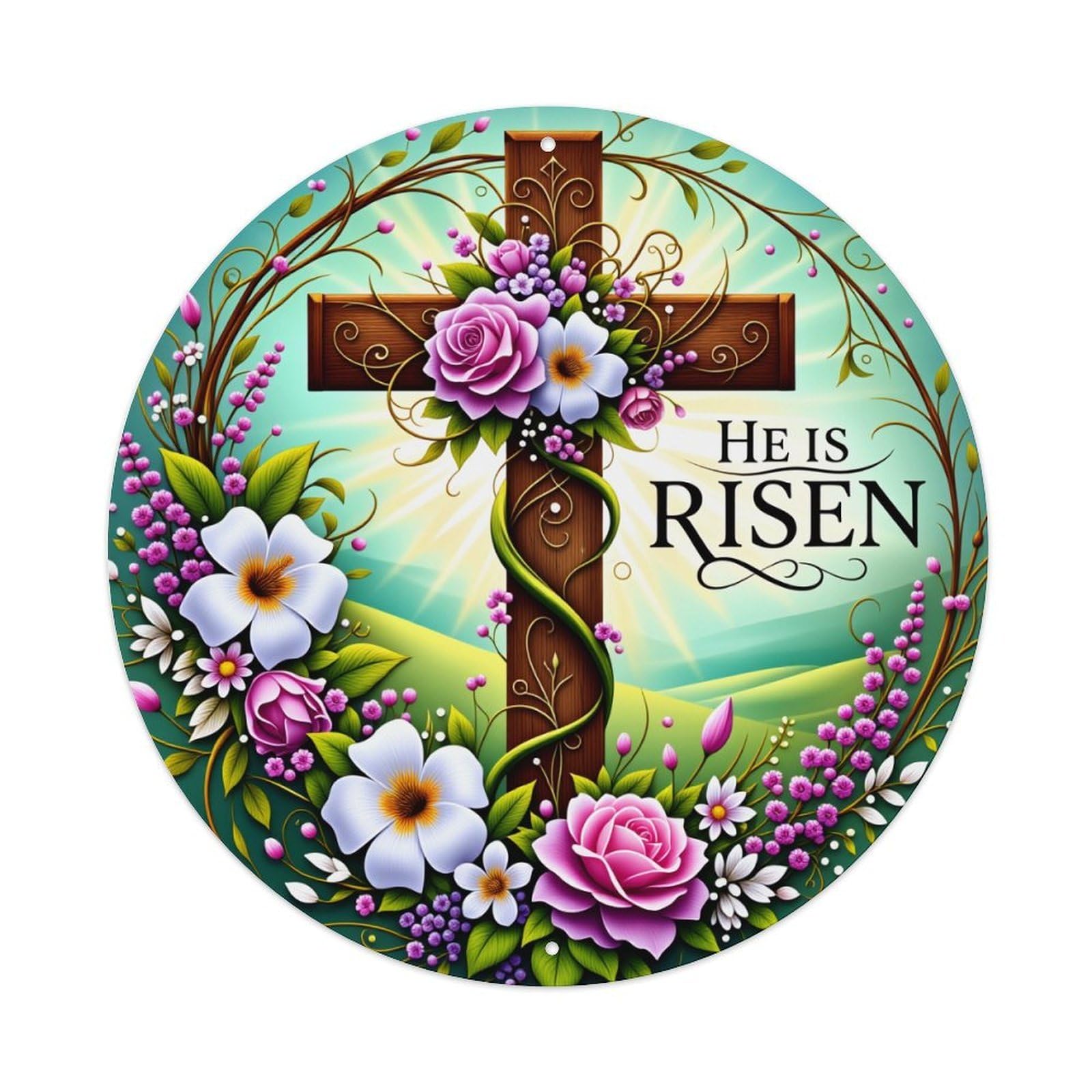 Cross Floral Wreath Easter He Is Risen Round Tin Sign Vintage Metal Poster Retro Bar, Home, Man Cave, Kitchen, Laundry Room Wall Art Decor Gift 8x8Inch