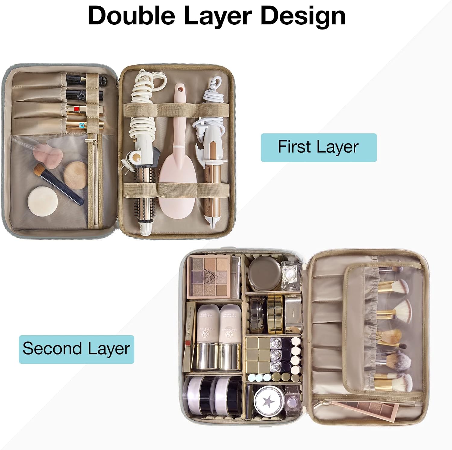 BAGSMART Large Makeup Bag, Cosmetic Cases,Double Layer Makeup Organizer,Protable Travel Makeup Train Case with Shoulder Strap for Cosmetics,Makeup Brushes,Toiletries,Travel Accessories