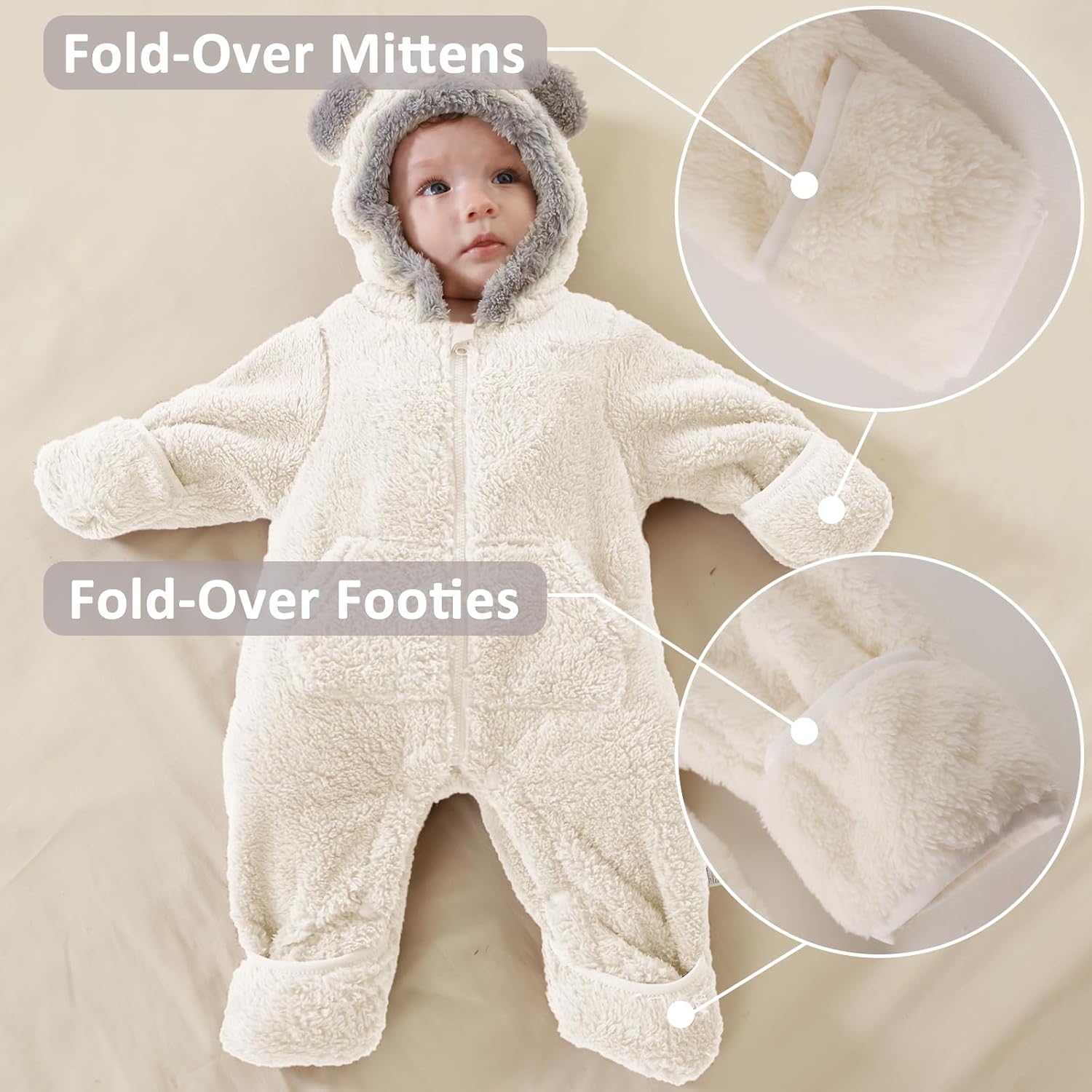 Newborn Baby Bear Outfit Suit With Fold-Over Mittens Footies Girls Boys Winter Fleece Clothes Hooded Romper Snowsuit - Image 2