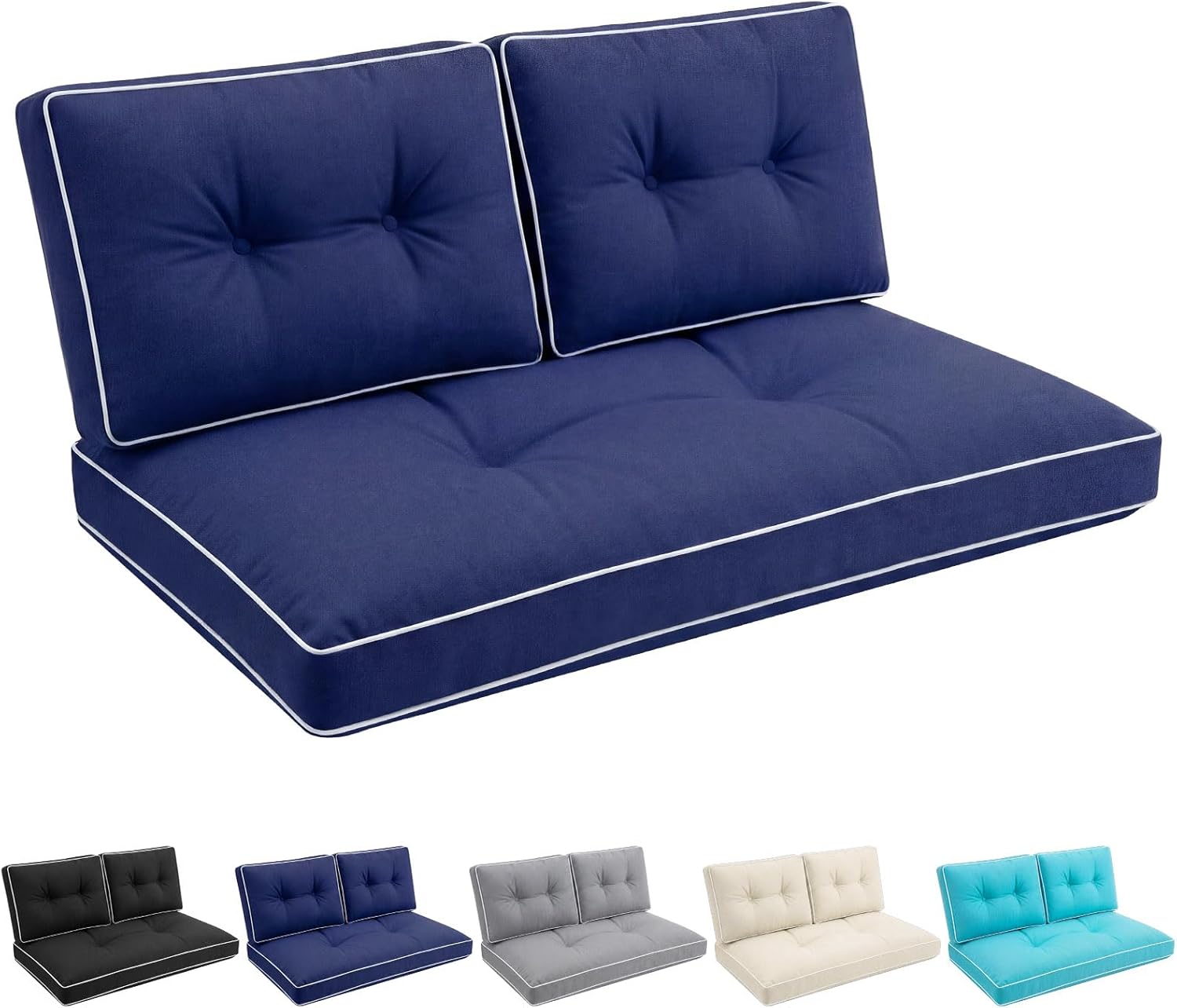 Yuntau Set of 3 Outdoor Loveseat Cushions 48x24 Inch Waterproof Tufted Bench Cushions for Patio Furniture Fade Resistant 1 Loveseat and 2 Seat Pad for Swing Couch Sofa Wicker Chair Settee (Navy Blue)