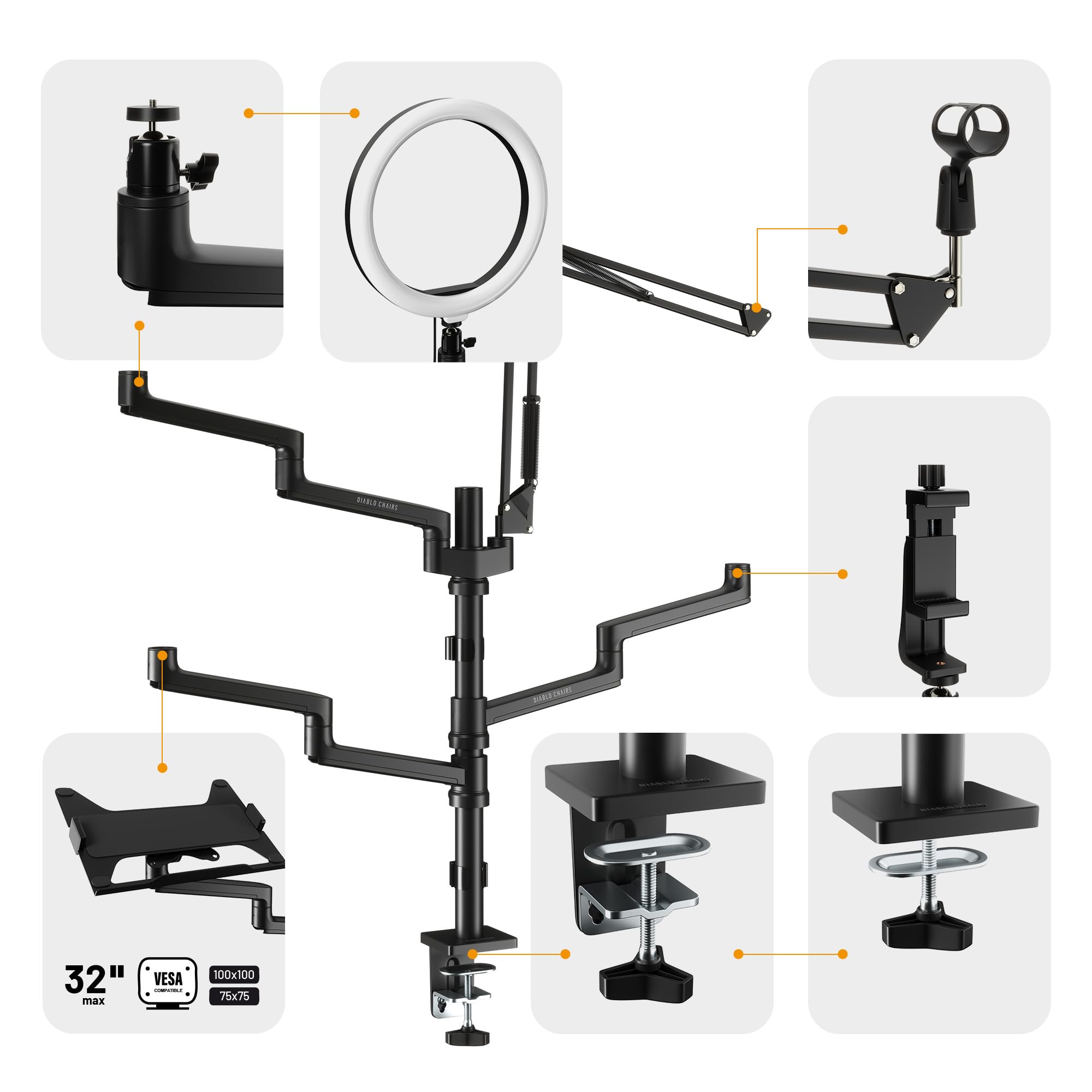Diablo X-Stream Trípode de Mesa para Streaming | Brazo de Streaming| Soporte para transmisión en Vivo, Soporte para Cámara, teléfono móvil, micrófono, portátil, Monitor | 4 Brazos