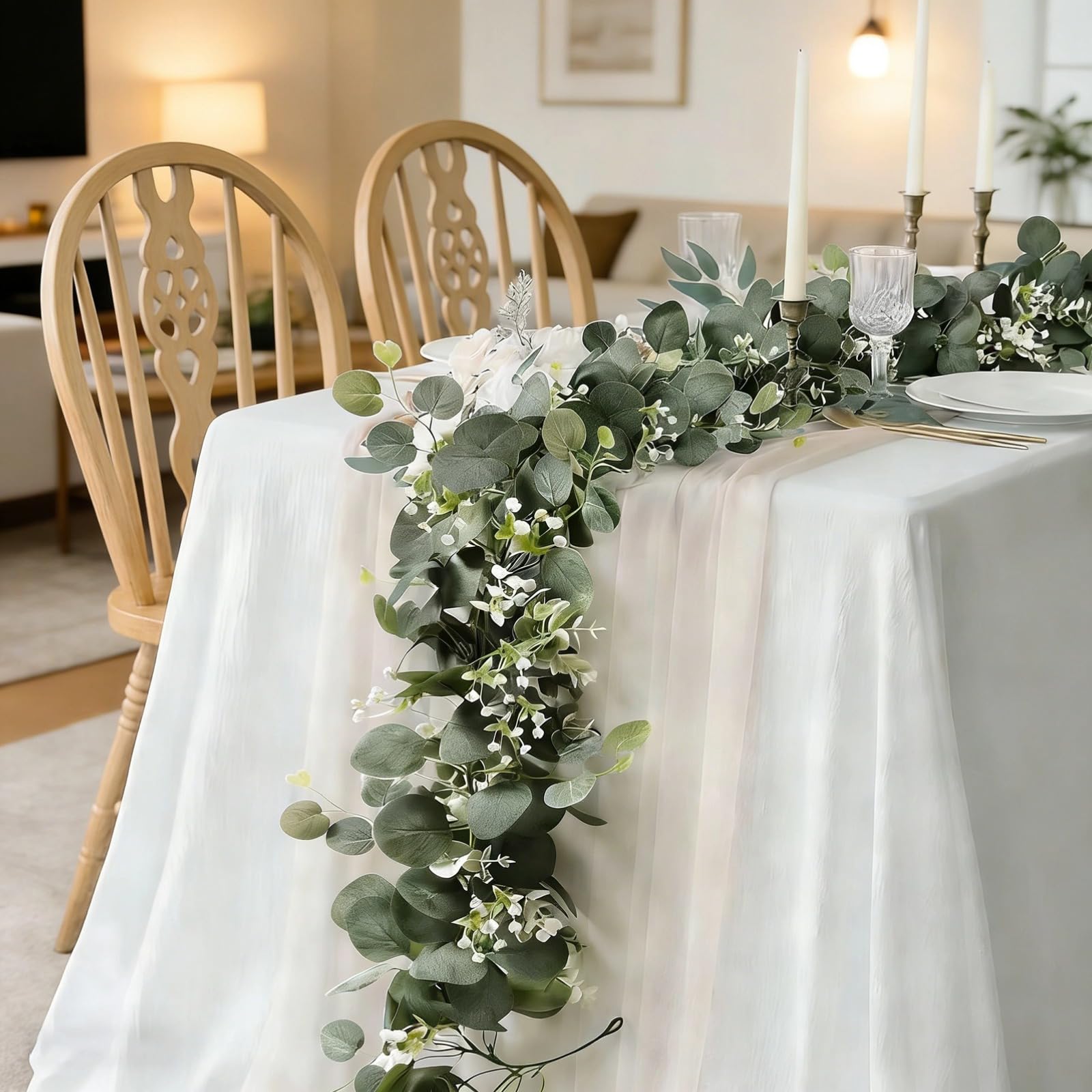 Lot de 8 guirlandes d’Eucalyptus Artificiel, 180 cm, Fausse Verdure avec gypsophile, lianes suspendues en Plastique, décoration pour Maison, Bureau, Mariage, Fond d’Arche, Mur, Salon