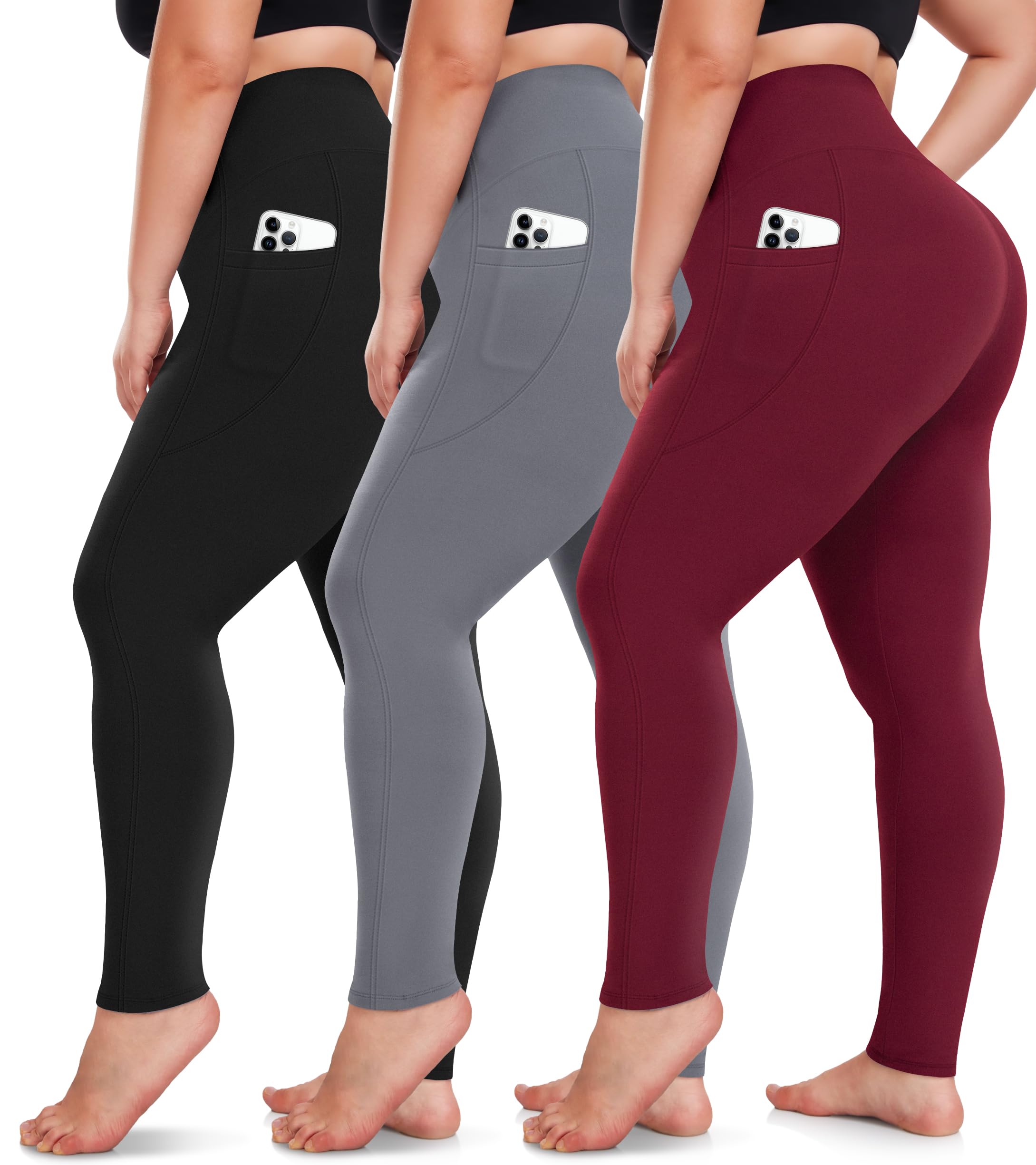NEW YOUNG 3 Pack Plus Size Leggings with Pockets for Women,High Waist Tummy Control Workout Yoga Pants