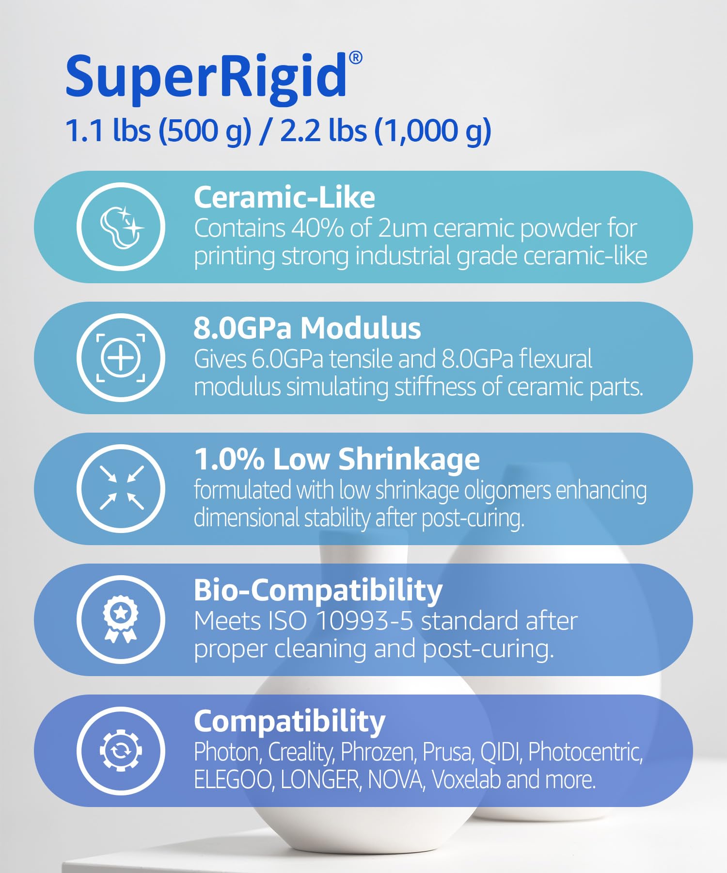 SuperRigid 3D-Drucker Harz 6,0GPa, 40% Nano-Mikro-Keramikpulver gefüllt für keramikähnliche Prototypen, Hergestellt in Korea von 3DMaterials (1000g)