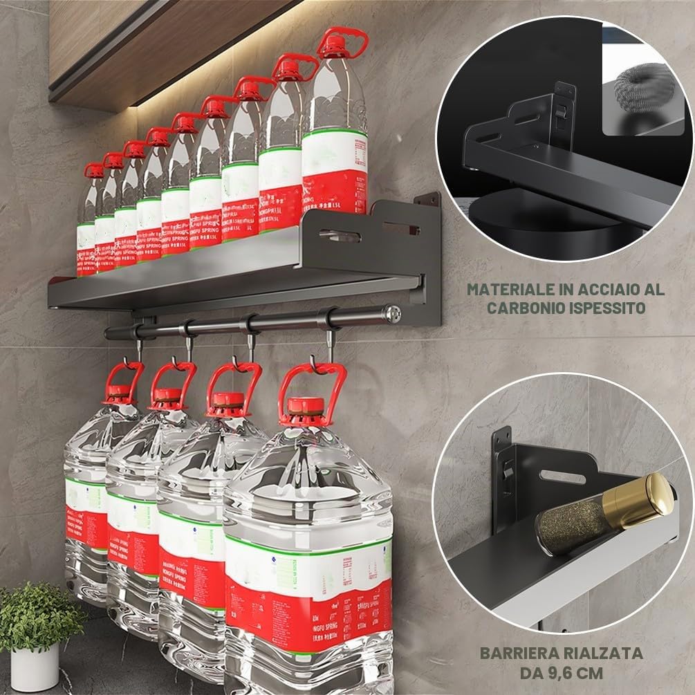 Mensola da cucina a parete con porta rotolo e ganci, portaspezie, senza trapano, organizer in metallo inox per appendere spezie e utensili, 60 cm