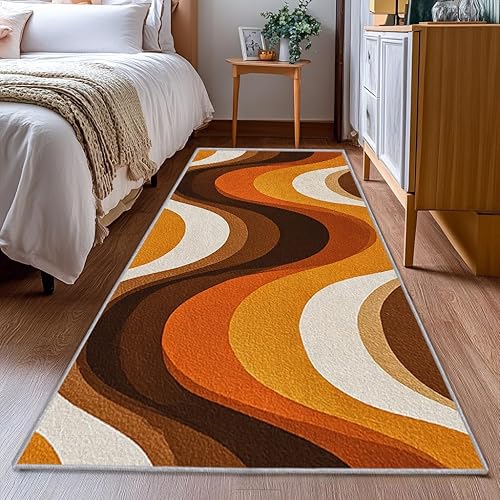 Miniatura 3 de Alfombra vintage de los años 70, 3 x 10, alfombra de pasillo retro marrón naranja con patrón ondulado, antideslizante, lavable, alfombra vintage de