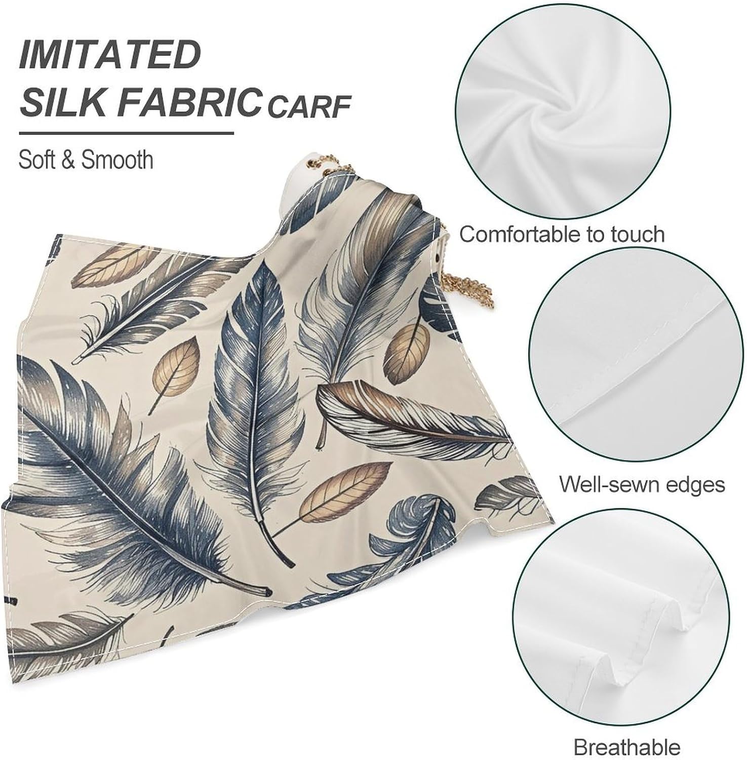Bandana Headband Silk Hair Scarf Headwear Hand Drawn Feathers Bandanas Square Handkerchiefs for Men Women Face Mask