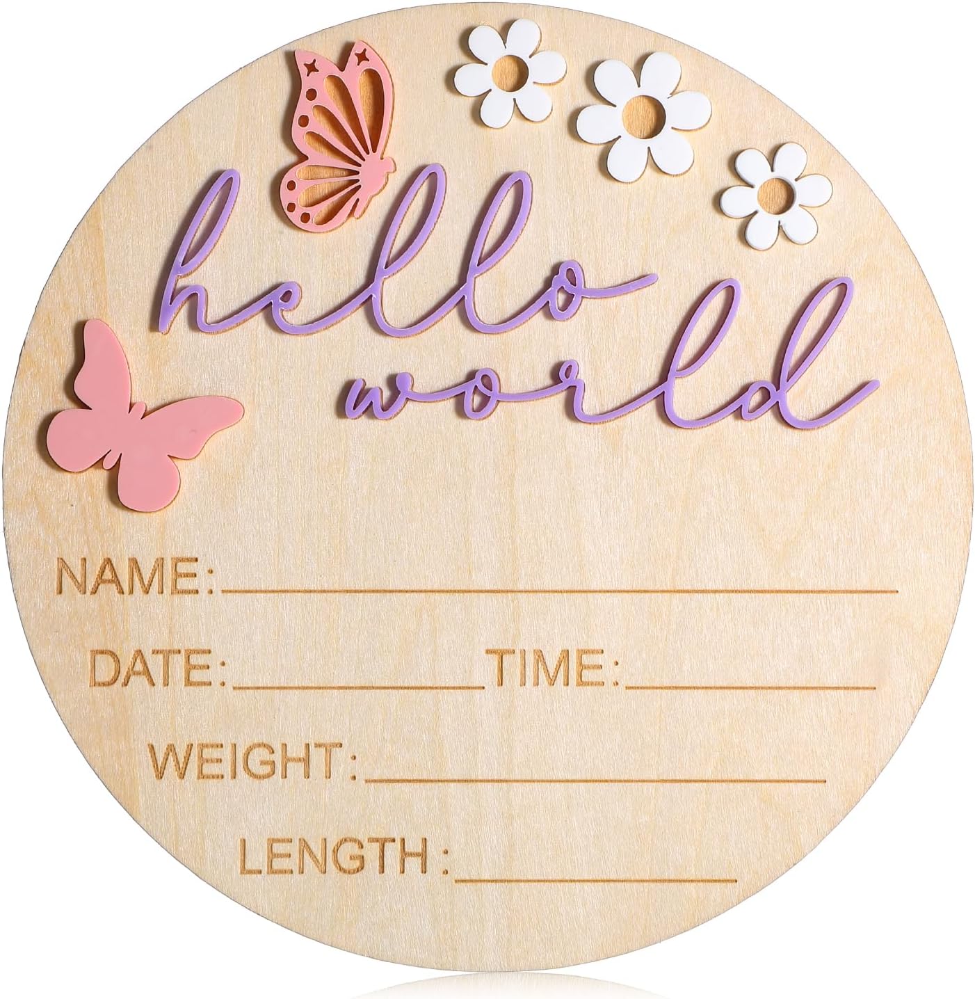 Newborn Welcome Sign, Daisy Butterfly Baby Birth Announcement Sign, Wooden Hello World Newborn Announcement Signs for Hospital Baby Shower Home Nurseries Gift Newborns Photography Props