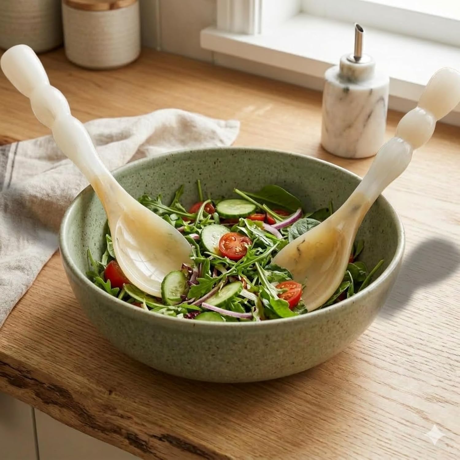 Resin Salad Serving Spoon Set, 2-Piece, 12 Inch Marble Finish, Durable Lightweight Server Set, Fork & Spoon for Salad, Kitchen Serving Utensils (White & Light Brown)
