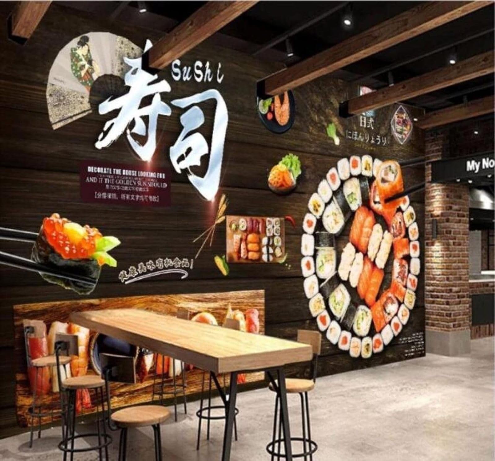 Xlming 300Cm×210Cm(B×H) Black Wooden Board Food Sushi Restaurant Industrial Decor 3D Wallpaper Luxury Home Dining Decor Paste Sofa Living Room The Wall For Bedroom Mural-300Cm×210Cm