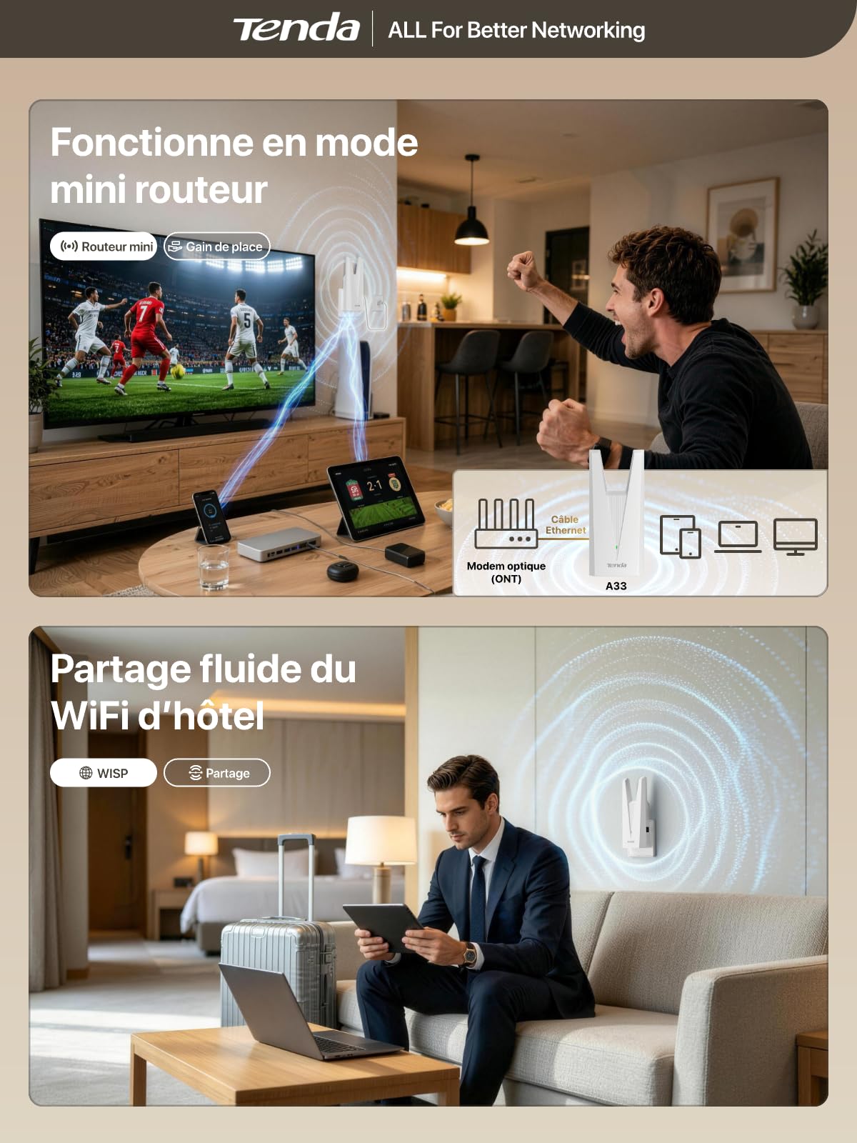 Tenda A33 Répéteur WiFi 6 AX3000, Repeteur WiFi Puissant sans Fil Dual Band, WiFi Extender EasyMesh avec Port Gigabit, Amplificateur WiFi pour Grande Maison, Streaming 4K, Gaming et Télétravail
