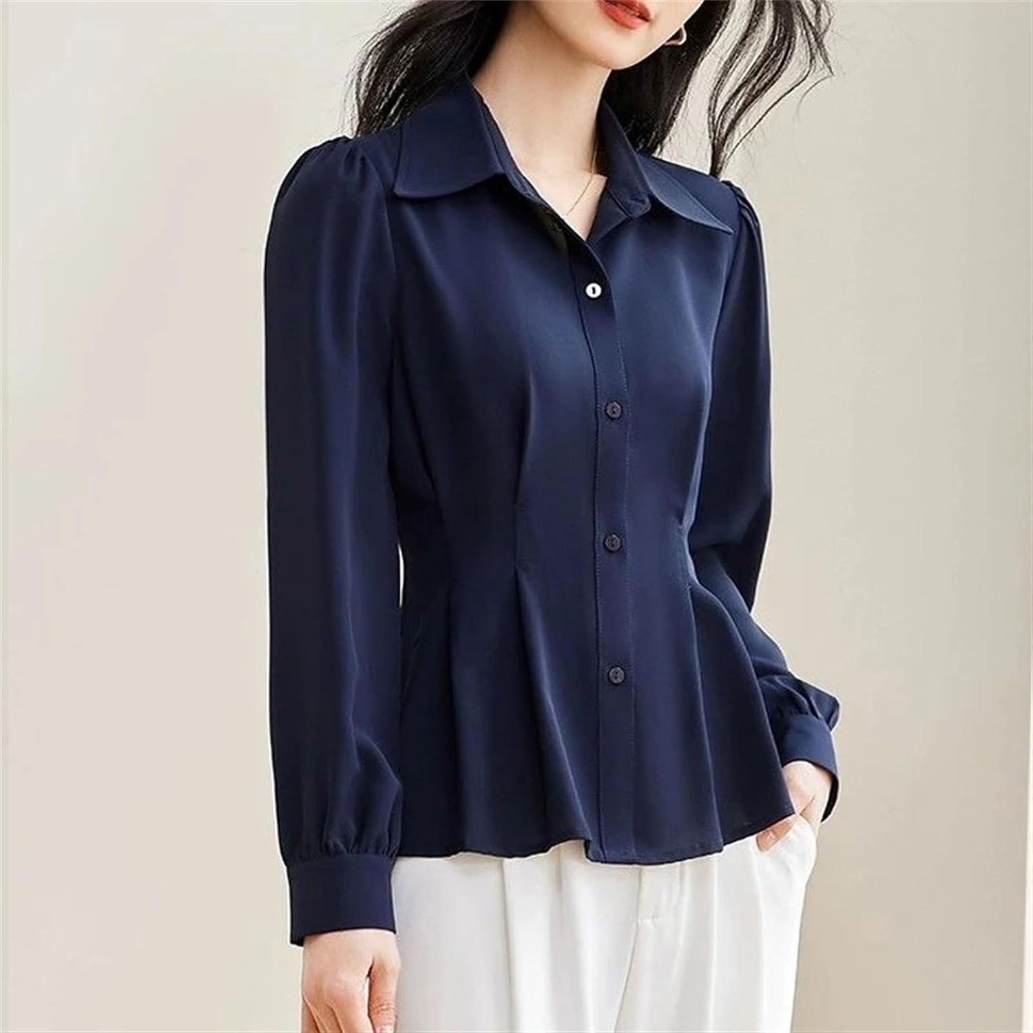 Women's Puff Long Sleeve Shirred Waist Tunic Top Casual Work Slim Fit Button Down Shirt Turn Down Collar Ruffled Blouse