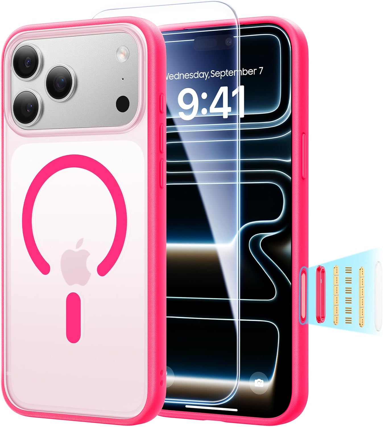 3 in 1 Magnetic Shockproof for iPhone 17 Pro Max Case, [Fit for MagSafe] [TOP Military Protection] 1X Screen Protector+1X Wrist Strap, Camera Control Cover for iPhone 17 ProMax Translucent Hot Pink