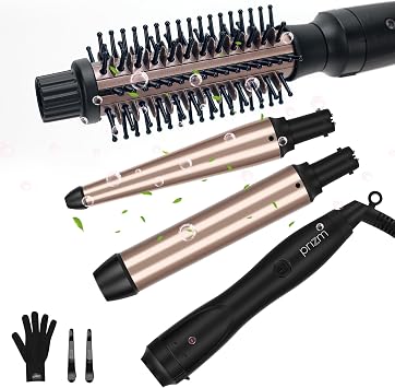 Prizm 3-in-1 Interchangeable Barrel Curling Iron Set-0.6 to 1.25 Inch Tapered Curling Wand with Thermal Round Brush,Dual Voltage Travel Hair Wand Curler,Fast Heat,Ionic Anti Frizz Champagne Gold