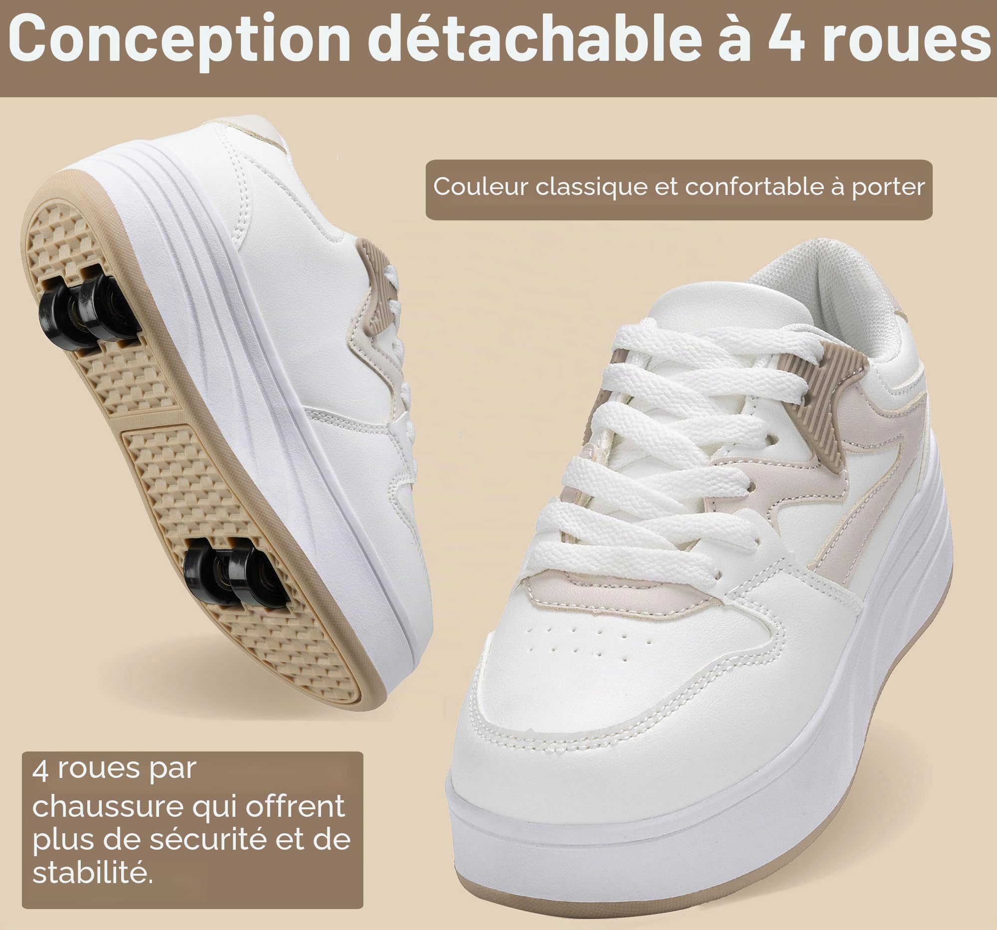 Chaussures de skate à roulettes pour enfants, garçons et filles, baskets avec roues détachables, chaussures de sport, Blanc/kaki, 36 EU