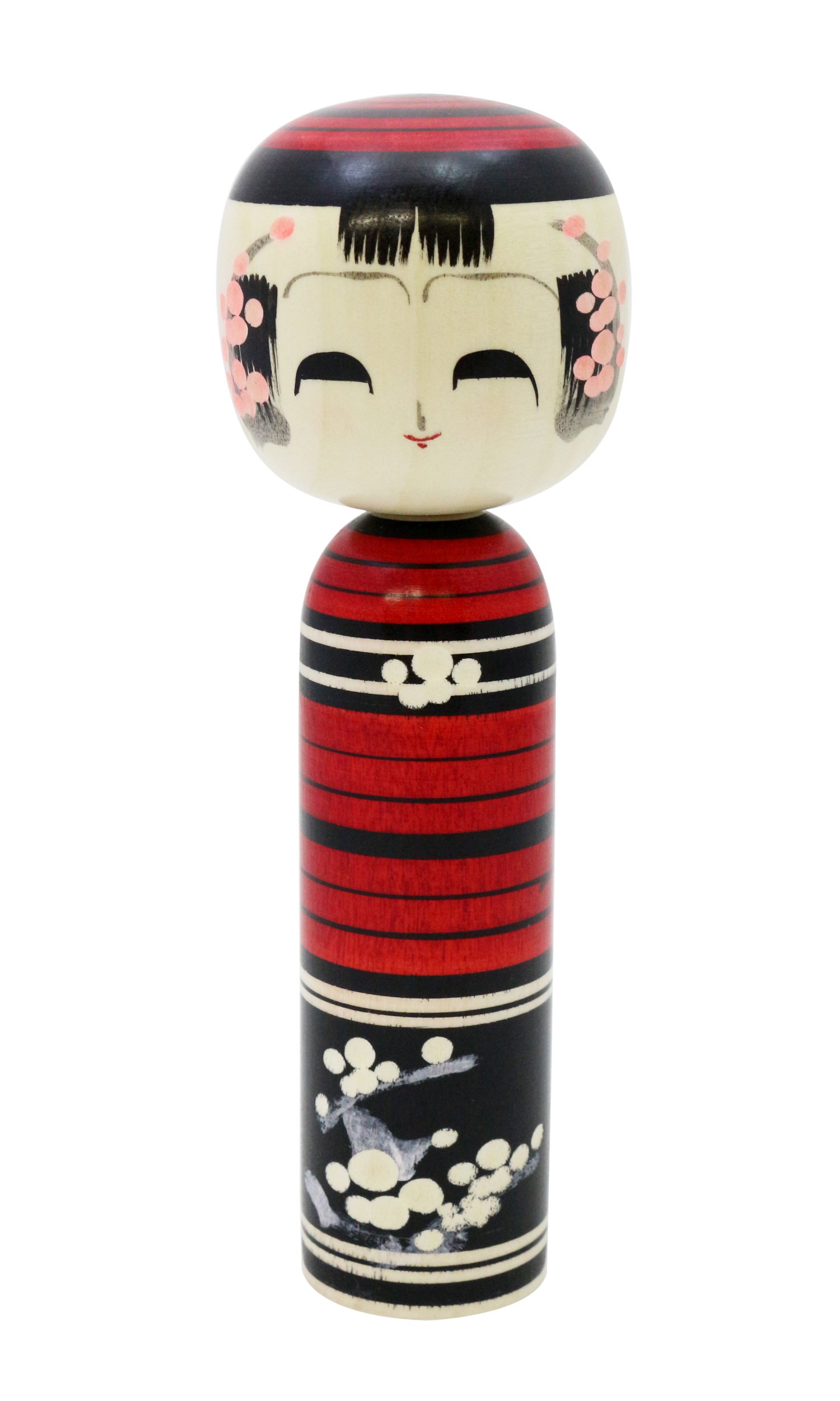 Red Plum Kokeshi Doll, 7.1" Handcrafted Wood