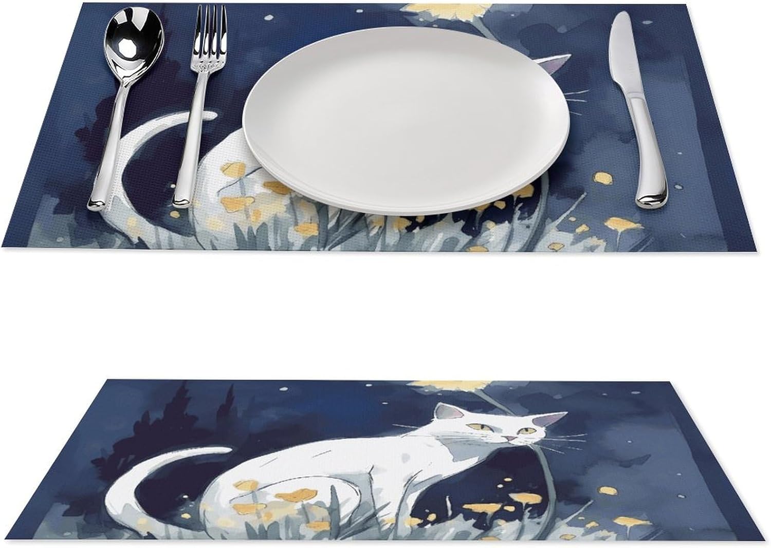 Placemats Set of 4 PCS Heat Resistant Place Mats Washable Woven Place Mats for Dining Table White Cat Placemats Non-Slip PVC Placemats for Kitchen Wedding Home Decor 12 X 18 Inch