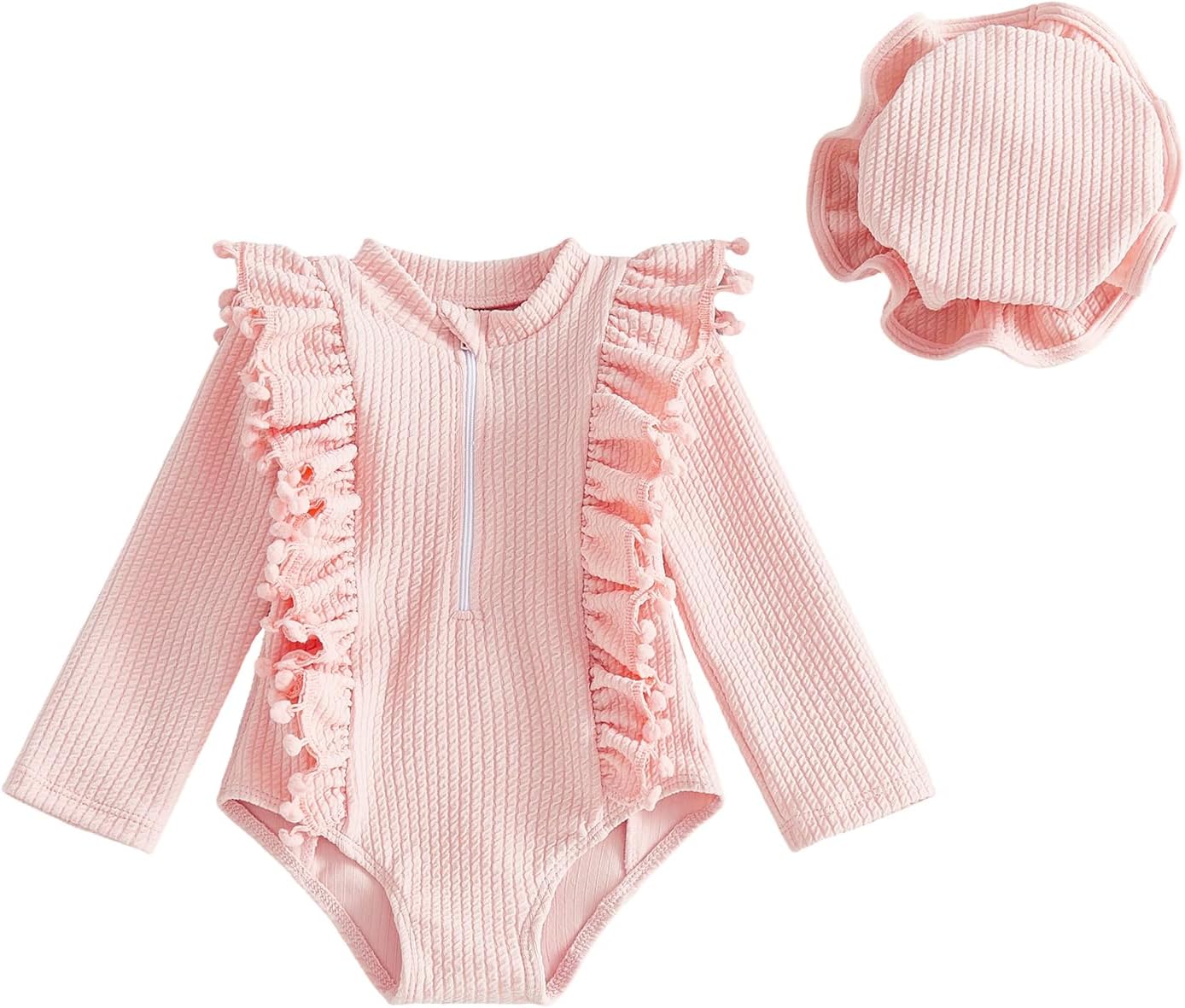 Amnnchya Baby Girl Swimsuit Ruffle Long Sleeve One Piece Swimwear Romper Toddler Girls Bathing Suit Rash Guard with Hat Set