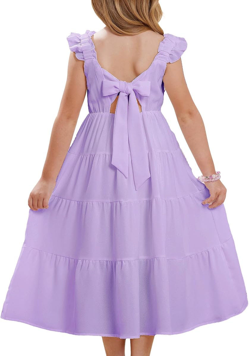 GRACE KARIN Girls Dress Summer Tie Back Party Dress Ruffle Sleeve Smoke Tiered Special Occasions Maxi Tween Dresses Size 5-14