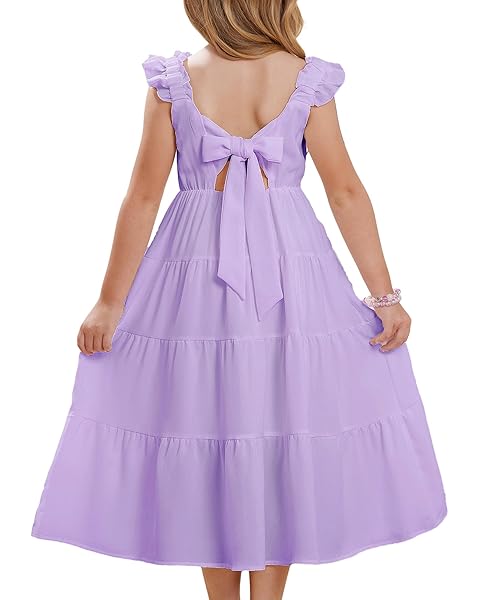 GRACE KARIN Girls Dress Summer Tie Back Party Dress Ruffle Sleeve Smoke Tiered Special Occasions Maxi Tween Dresses Size 5-14