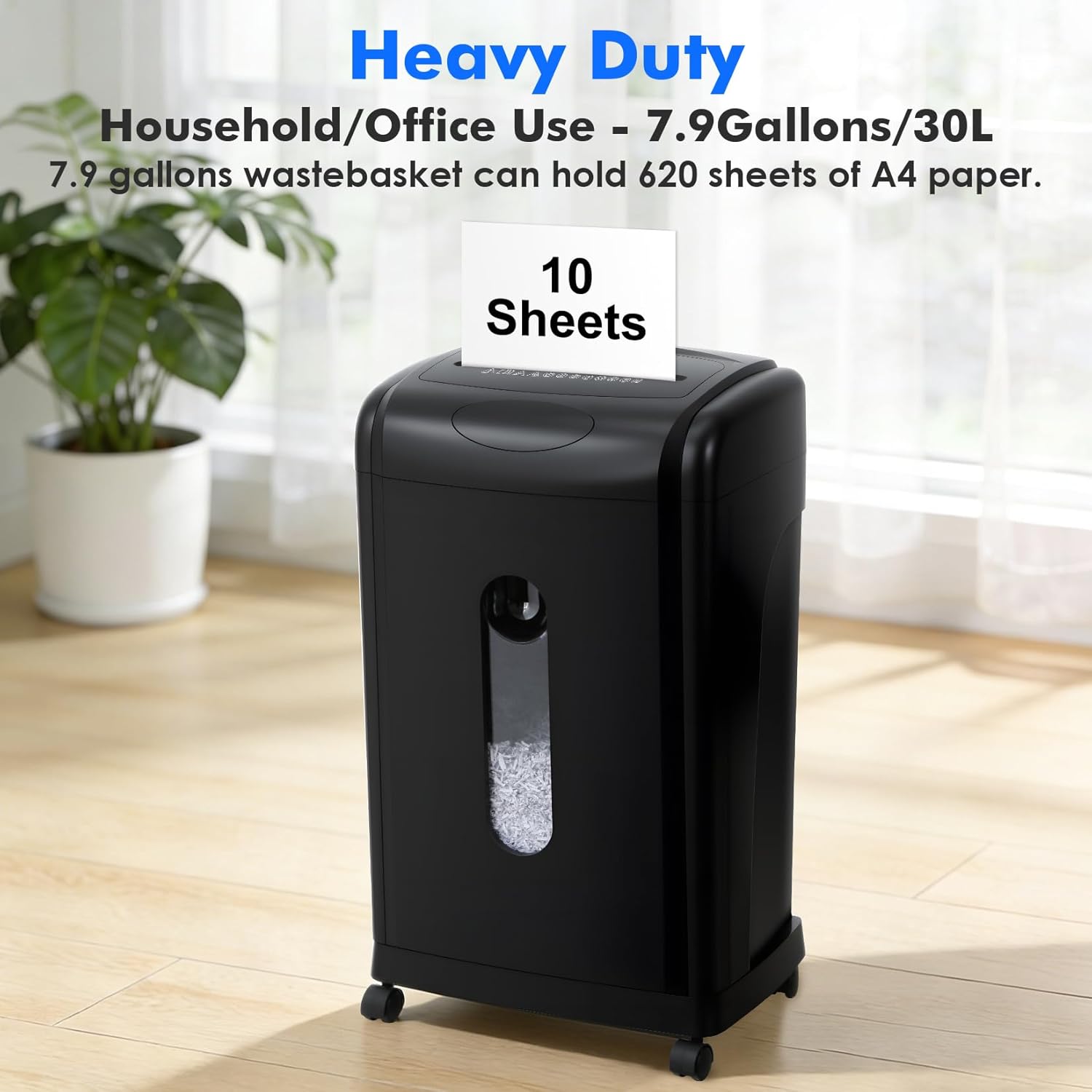 Low Noise 48dB Paper Shredder for Home, 10-Sheet Micro Cut, P-5 High Security, CD/Credit Card Shredder, 7.9 Gallons Wastebasket, Black