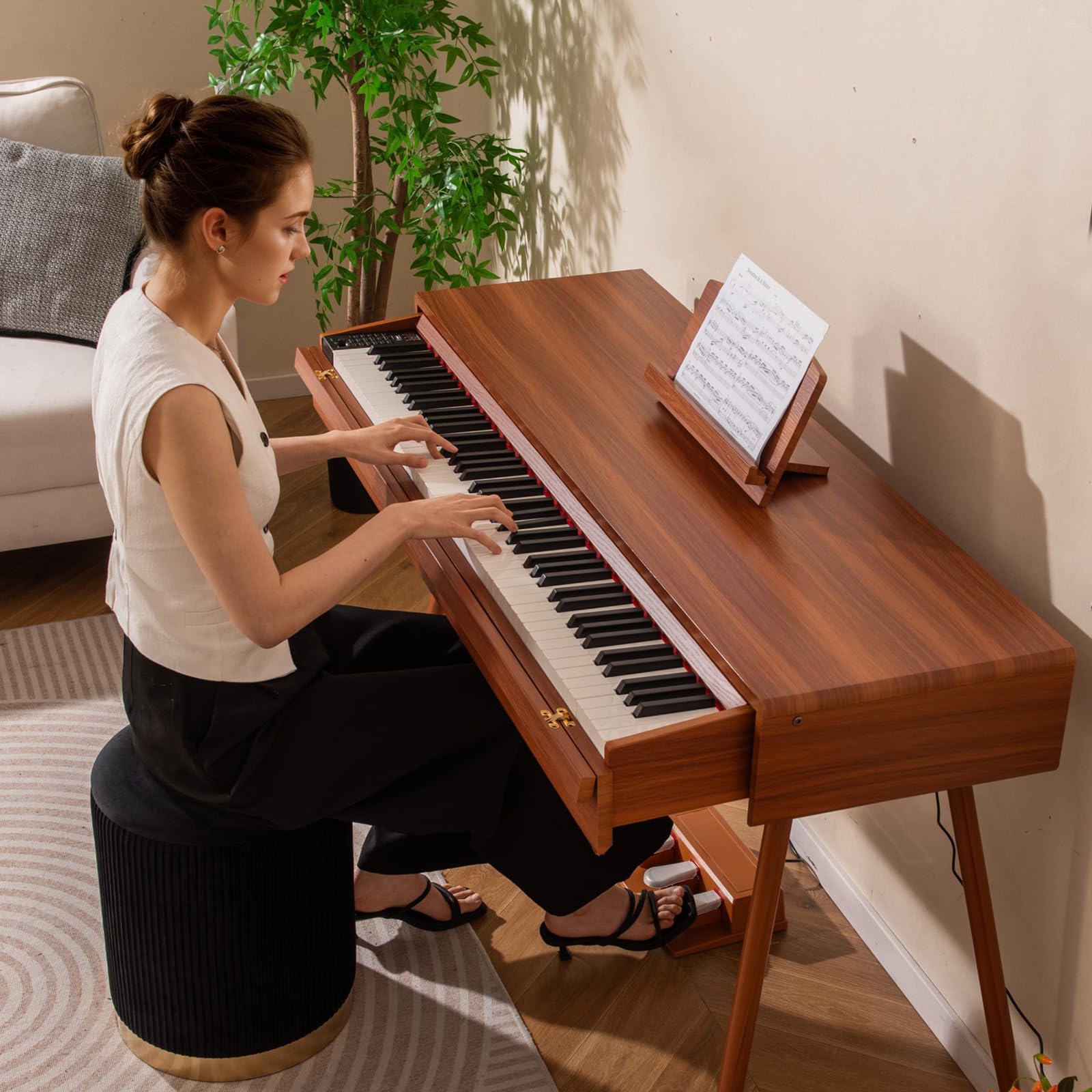 KOMFOTTEU Piano Digitale 88 Tasti, Tastiera Piano Elettronica con 800 Suoni & 600 Ritmi, Tasti Pesanti, Piano Digitale con Supporto & 3 Pedali, Modalità Doppia Tastiera, Marrone