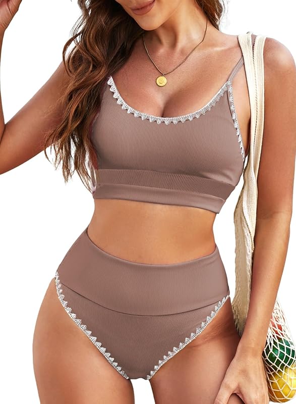 Herseas Women 2 Piece High Waisted Bikini Sets Color Block Bathing Suits