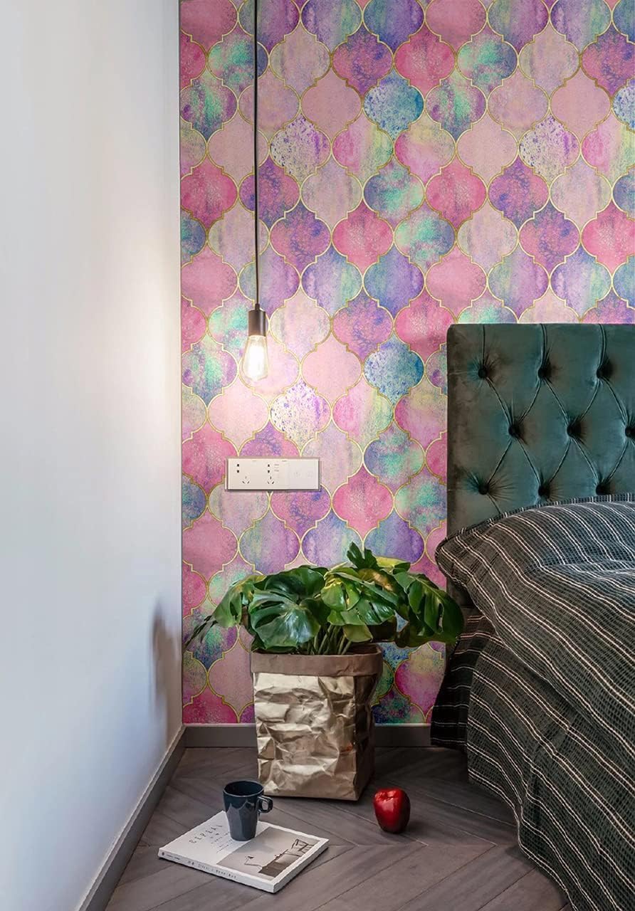 Blooming Wall DPY40 Peel and Stick Pink Multicolor Trellis Wallpaper Self-Adhesive Removable Wallpaper Wall Mural Wall Décor