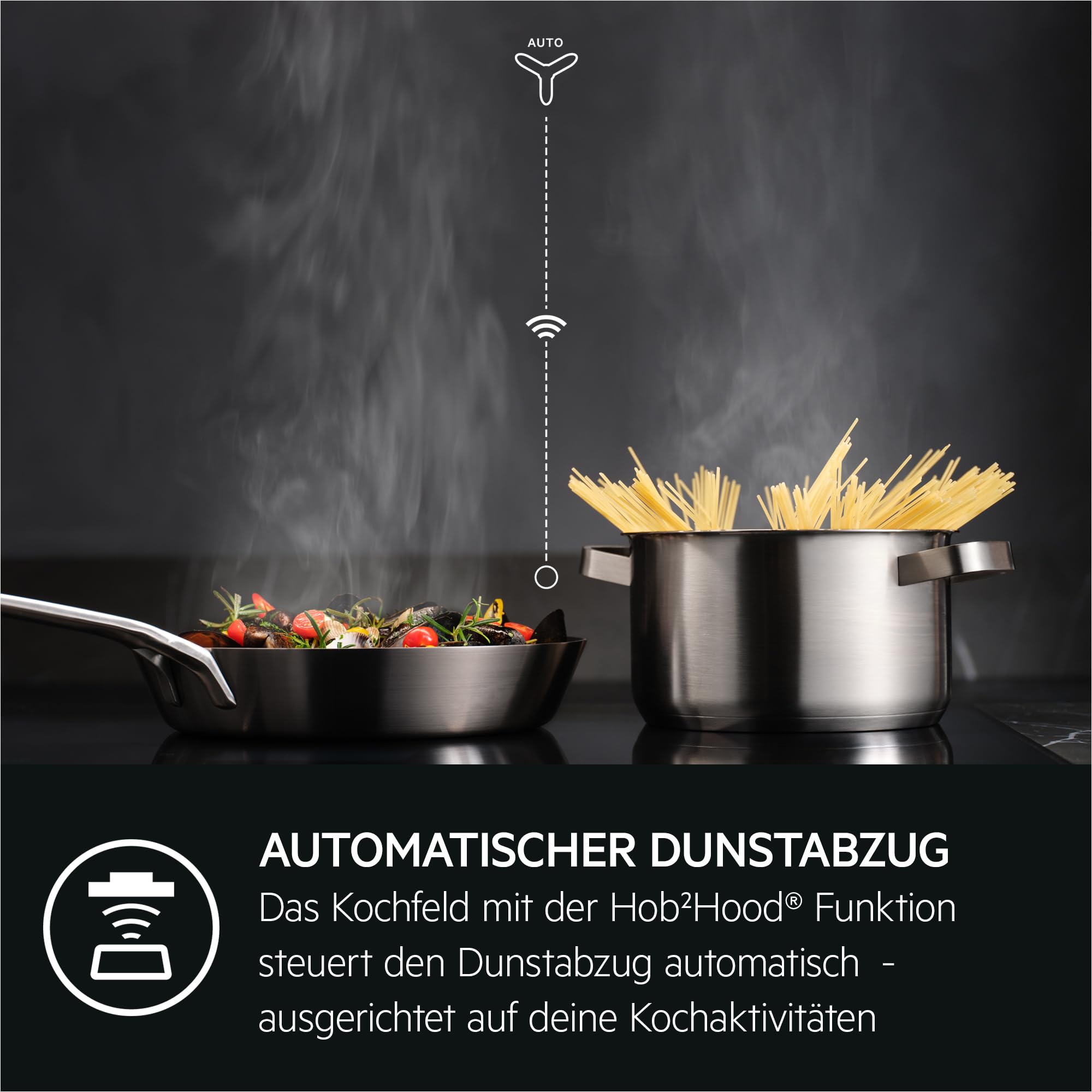 AEG Induktionskochfeld autark 60cm 4 Flex-Kochzonen Powerfunktion 14 Stufen SuperFlat Rahmen Timer Touch-Bedienung Haubenautomatik TO64IA0AXB