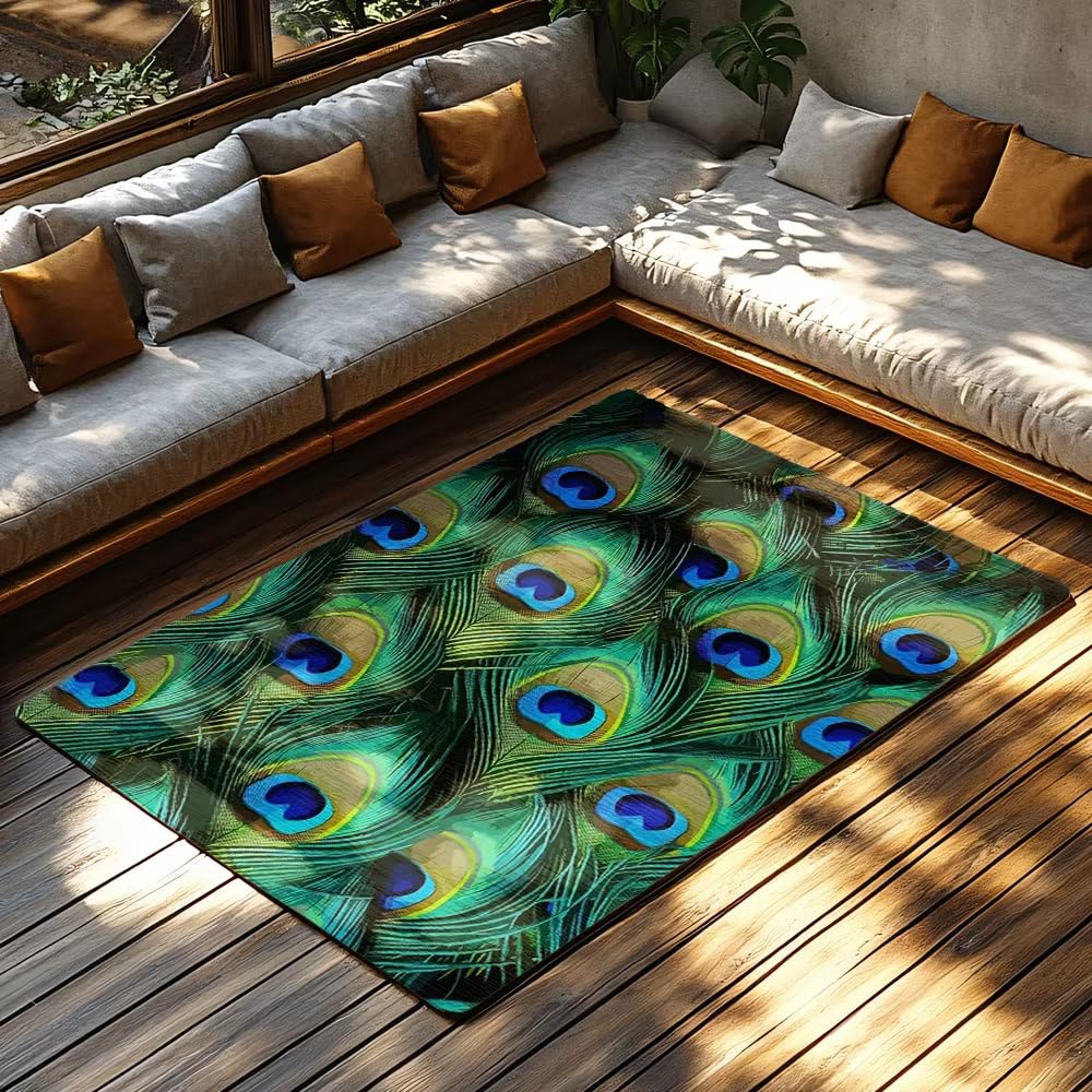 Tapis de sol plumes de paon vertes lavable pour éliminer les taches du salon