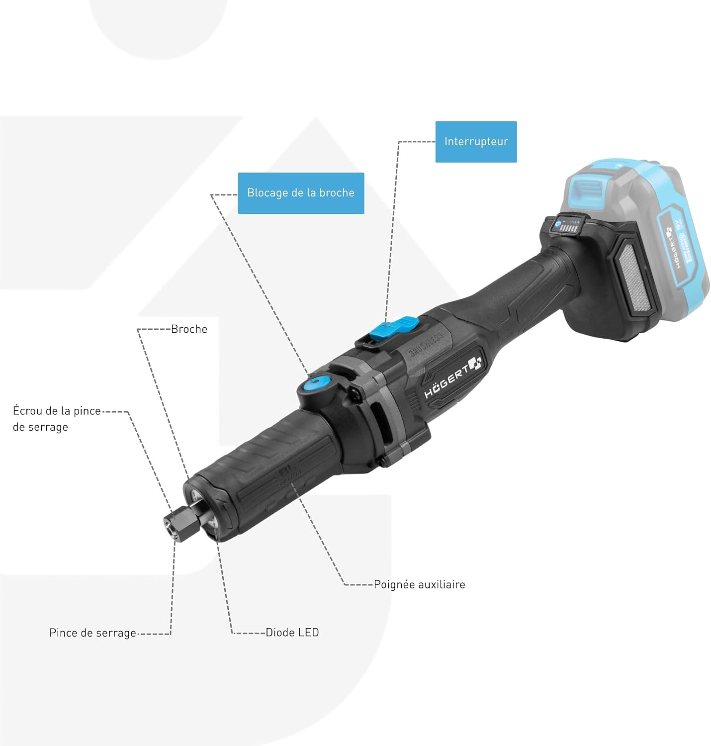 HÖGERT TECHNIK OneAccuSystem Cordless Straight Grinder 18 V Brushless Motor, Rod Grinder for Metal, Wood and Plastic, Speed Control, Wireless, without Battery