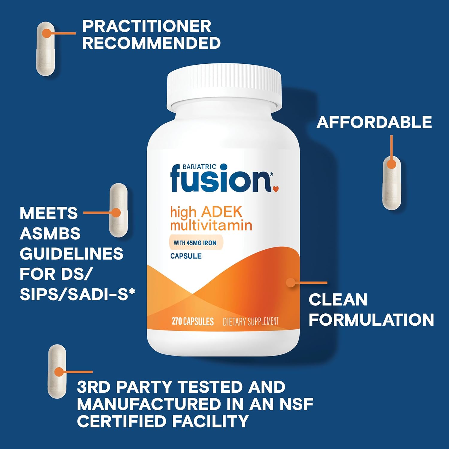 Bariatric Fusion High ADEK Multivitamin Capsule with 45mg Iron | Multi for Duodenal Switch Surgery Patients | Easy to Swallow Vitamin | 270 Capsules | 3 Month Supply