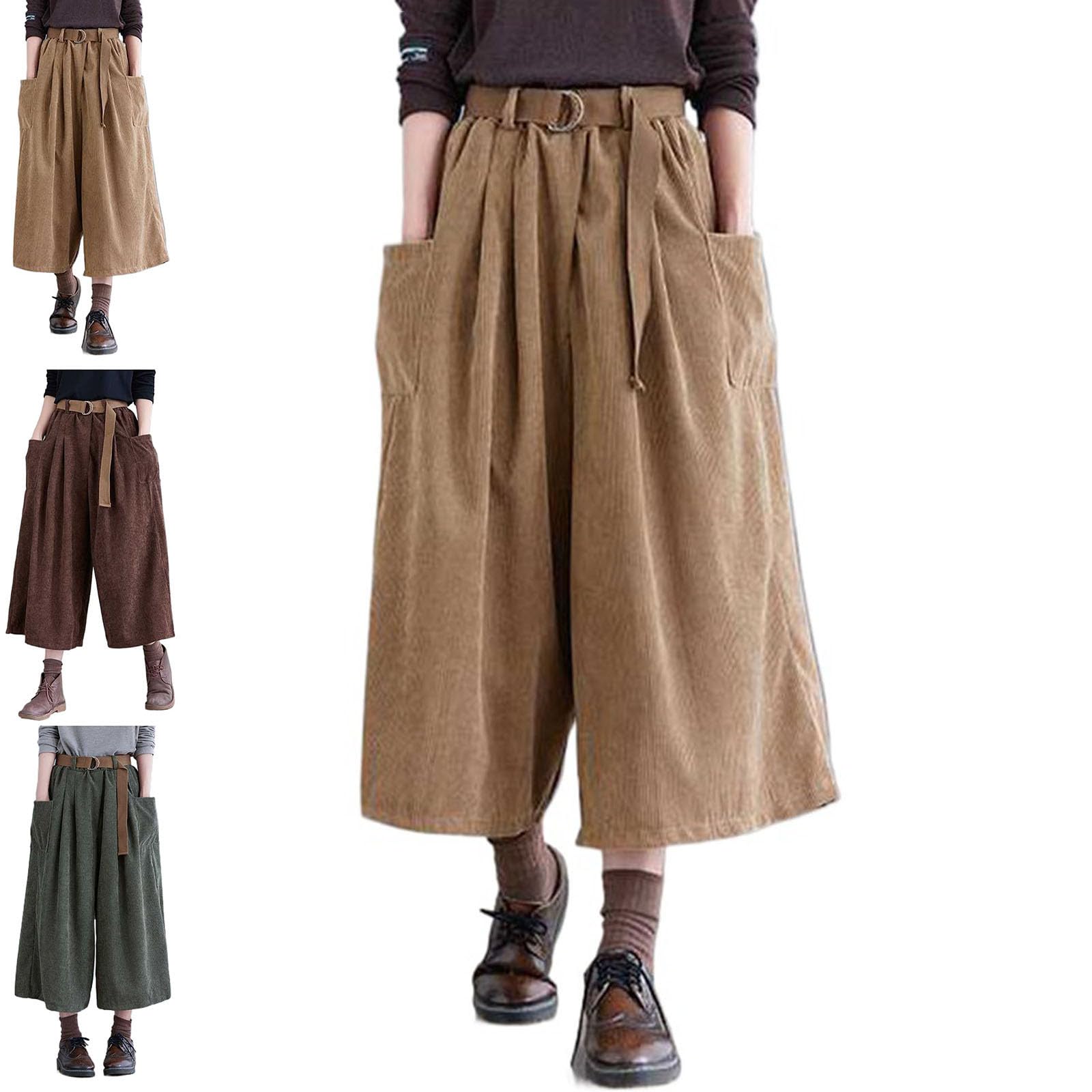 Pantaloni a Gamba Larga con Elastico Alto in Vita da Donna, Pantaloni Larghi in Velluto a Coste Autunno Inverno con Cintura