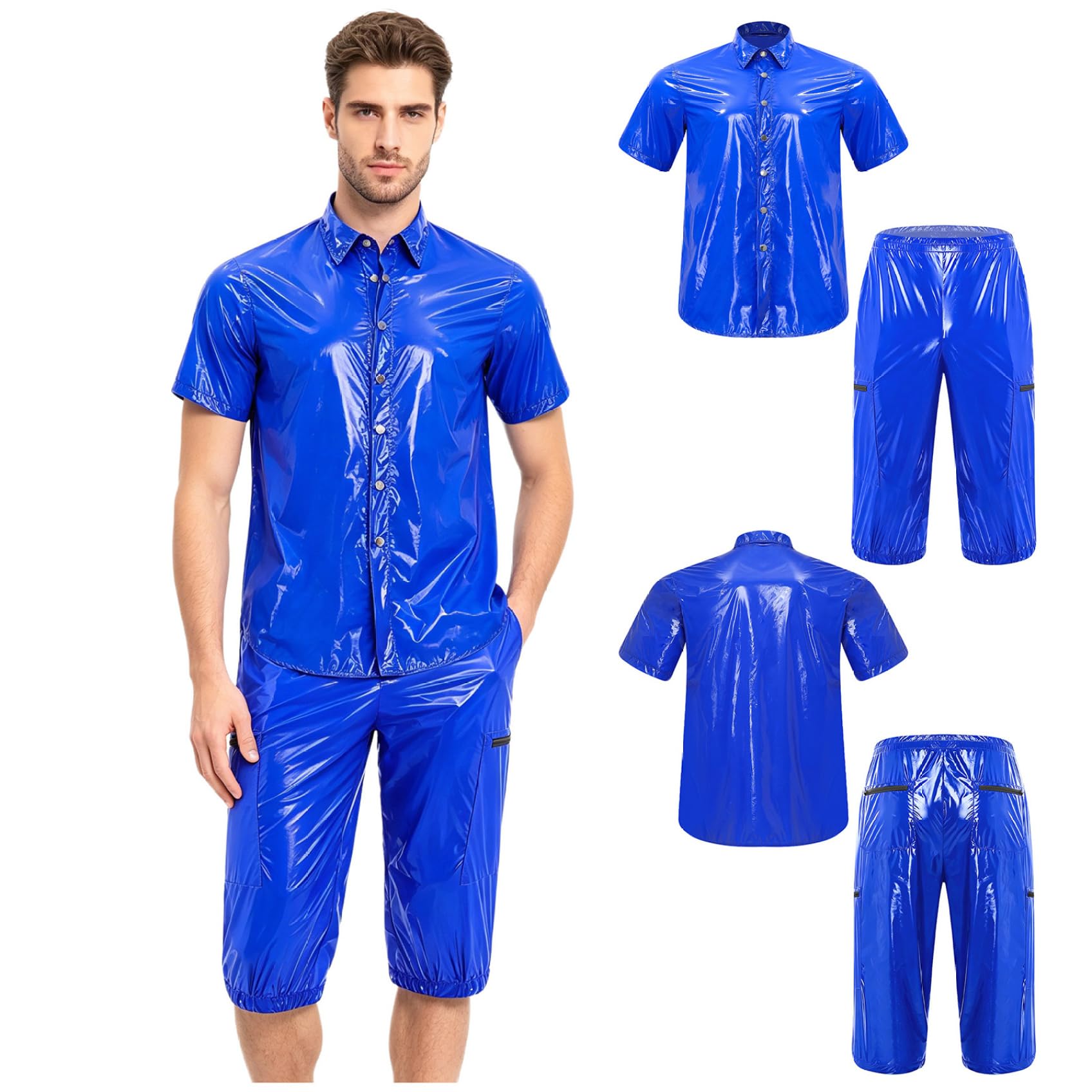 Uomo Look Wetlook Abito Due Pezzi Camicia E Pantaloni Corti Party Discoteca Outfit Blu reale XXL