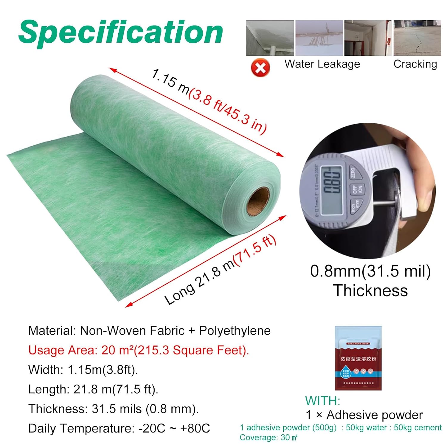 3.8ft Wide Waterproofing Membrane Water Barrier Roll for Interior Exterior Below Grade Foundation, Waterproof Sheet Membrane Heavy Duty, Floor/Wall/Roofing Underlayment(L 71.5ft - 215 sq ft)