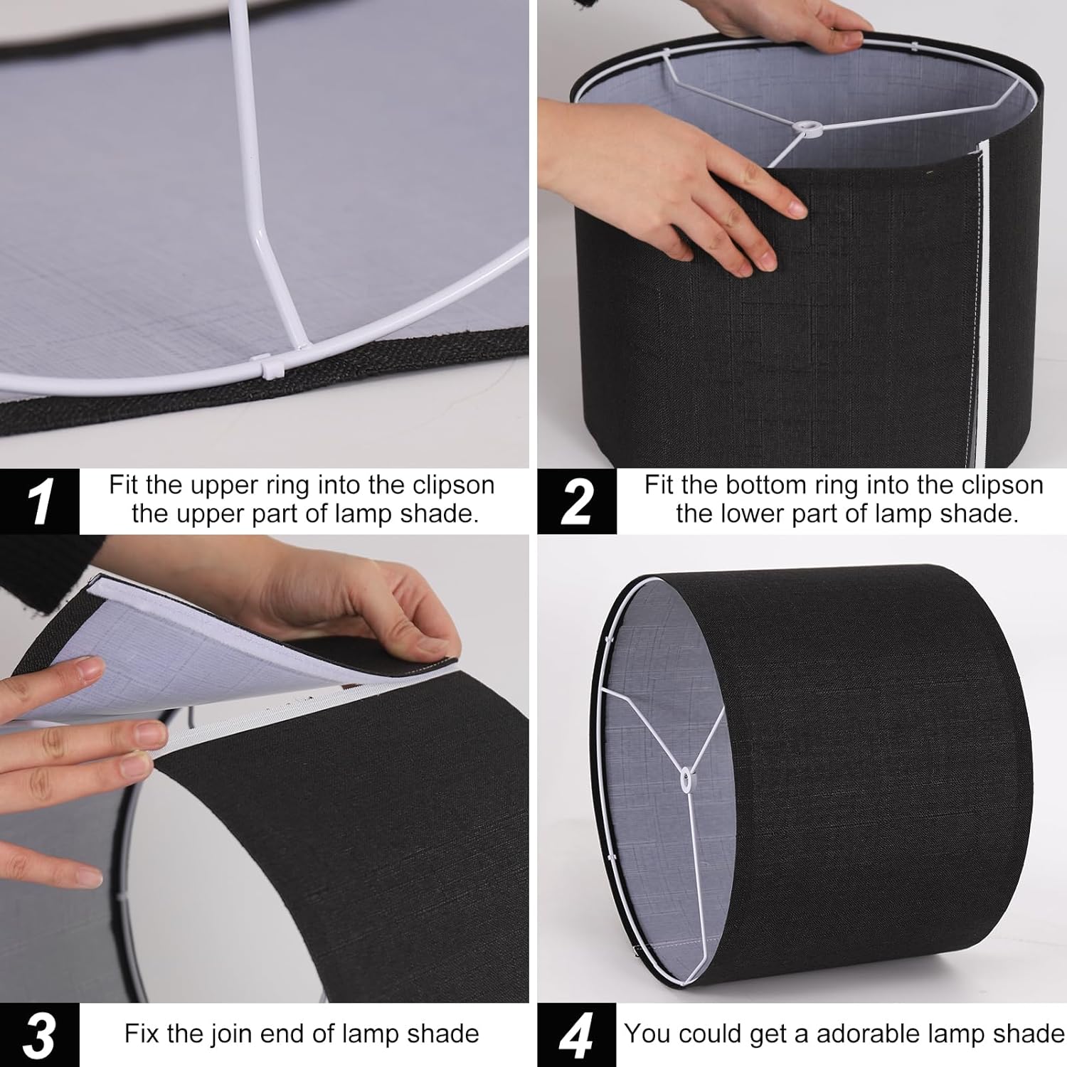 Drum Lampshade Set of 2, Lamp Shades for Table Lamps Floor Lamp, 13" Top X 13" Bottom X 10" High Black Large Line Fabric Lamp Shades, Easy Assembly Replacement Lampshades