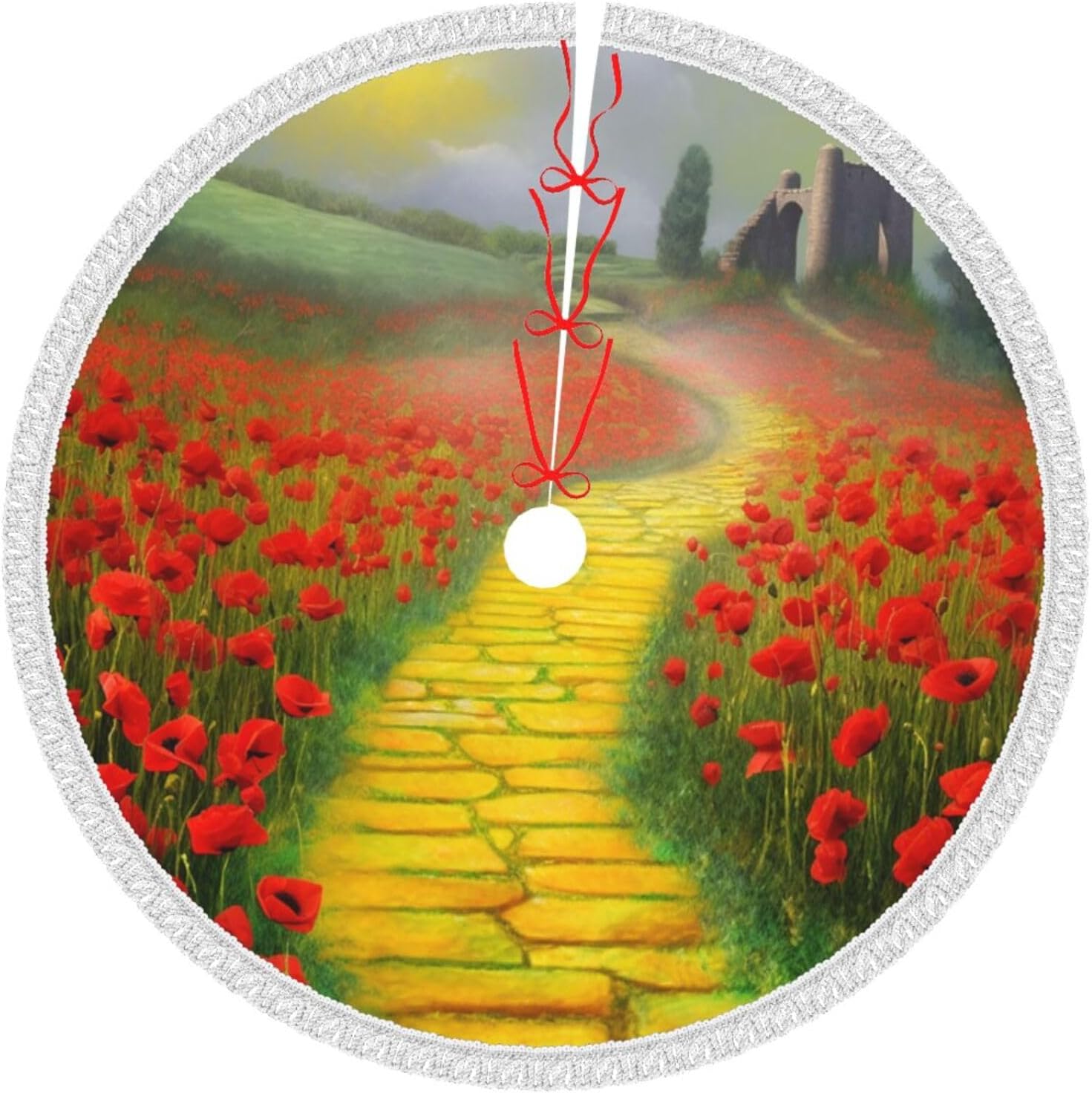 Poppies Field Yellow Brick Road Print Christmas Tree Skirt 48" Tassel Thickening Xmas Tree Mat Farmhouse Xmas Tree Pad for New Year Holiday Party Christmas Decorations