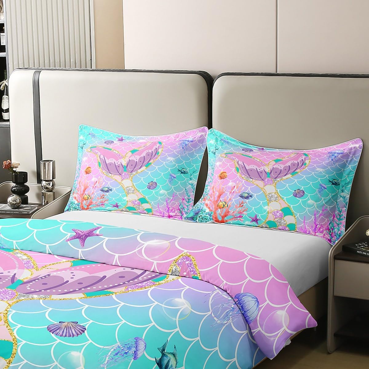 Erosebridal 100% Organic Cotton Mermaid Tail Comforter Cover Twin,Kids Fish Scales Duvet Cover Girly Rainbow Bedding Set Ocean Life Sea Animal Quilt Cover Teal Sequins Pastel Pink Room Decor