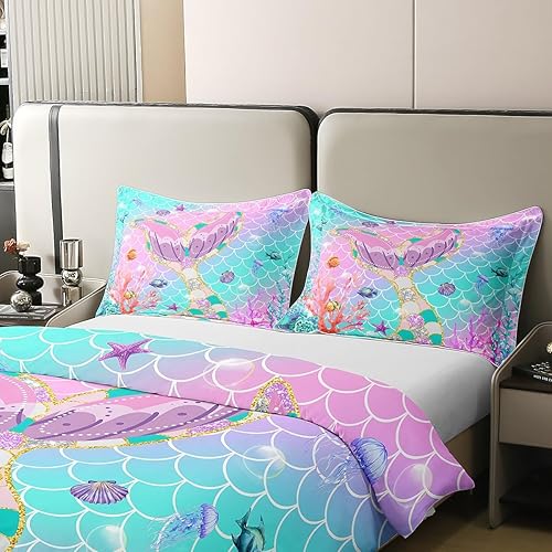 Miniatura 5 de Erosebridal Funda de edredón de cola de sirena de algodón 100% orgánico, tamaño individual, funda de edredón de escamas de peces para niños, juego