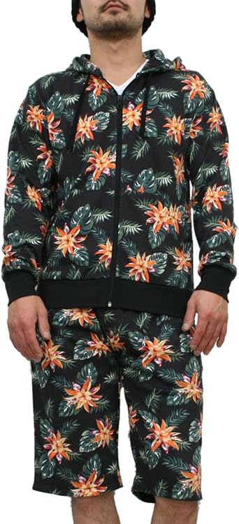 Amazon Co Jp 花柄 セットアップ メンズ バーカー ハーフパンツ ボタニカル柄 上下 セット Ll Black ファッション