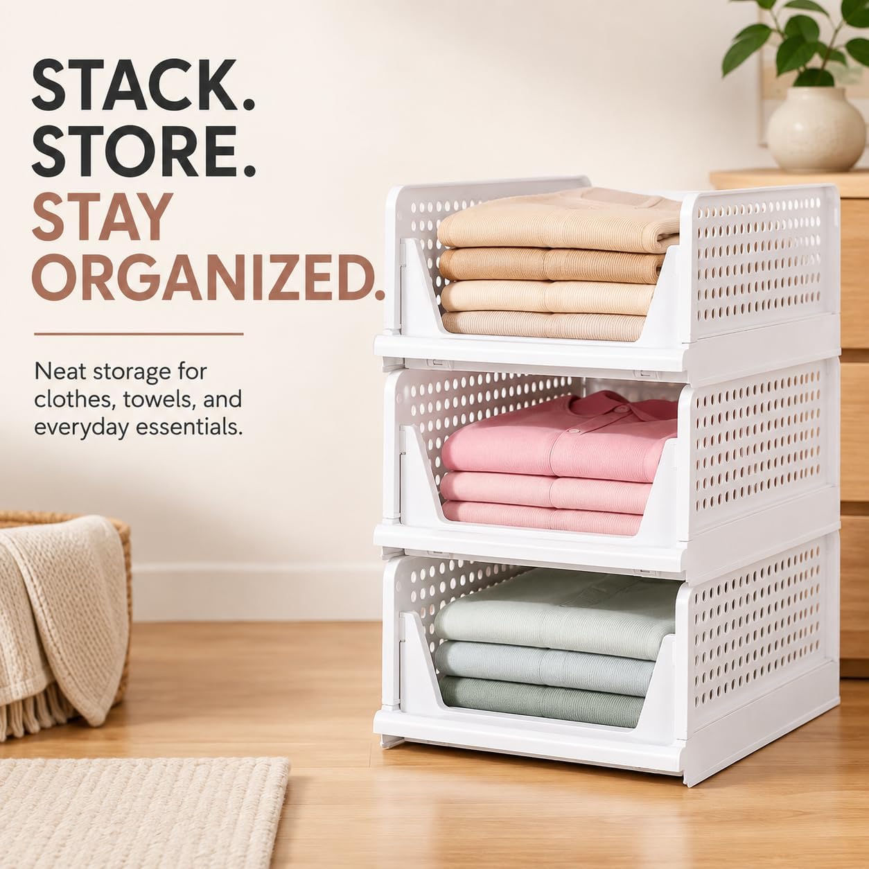Stackable Closet Storage Baskets, Foldable Plastic Organizer Bins, Open-Front, White, 5 Pack