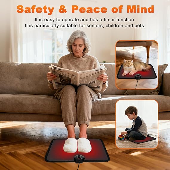 Electric Heated Foot Warmer – 230V Heated Floor Mat Under Desk with 7-Temp Settings & 12H Auto Shut-Off – Heating Pad with Foot Switch & Thermostat (Black)