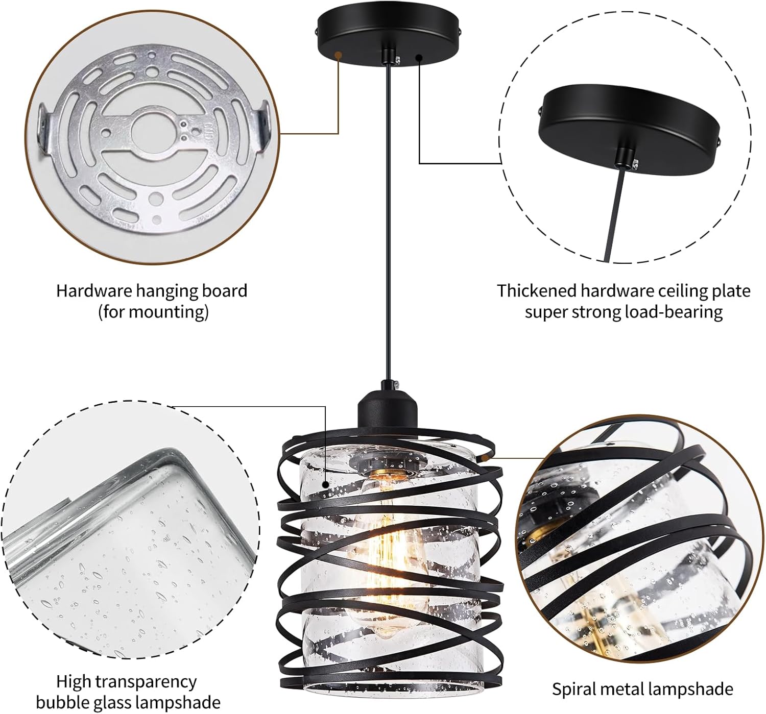 Modern Kitchen Island Lighting Pendant Lights Farmhouse Industrial Cage Black Pendant Light with Clear Glass, Cylindrical Pendant Light Fixtures