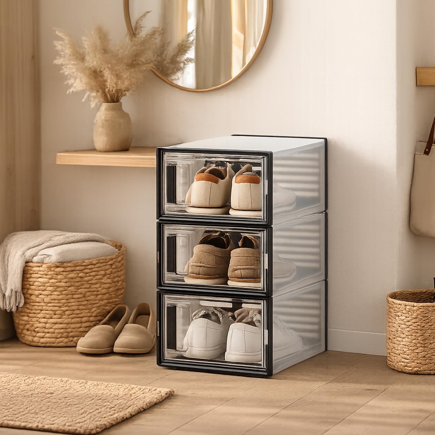 Amazon Basics Plastic Shoe Box | 3-Door Stackable Organizer | Dustproof, Foldable & Easy Assembly | PP+AS | Black | 23 × 35 × 43 cm